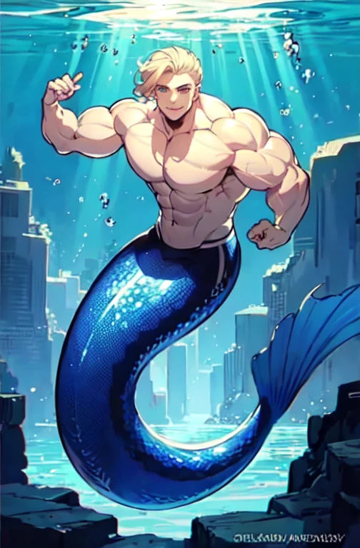 mermaid, underwater,, ultra detailed, masterpiece, best quality, aesthetic, detailed,, solo, smile, 1boy, blue eyes, medium blonde hair, parted bangs, hair intakes, male focus, muscular male,