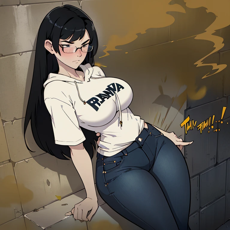 realism,beautiful lighting,(((1girl))),((black hair, sideswept hair bang,long hair)),pale skin ,glasses, hoodie tshirt, blue jeans, massive fart, yellow smoke rising, blush, clenching teeth, leaning on wall, blowing hand, store, TEXT:PHHHRRRRAAAP!!