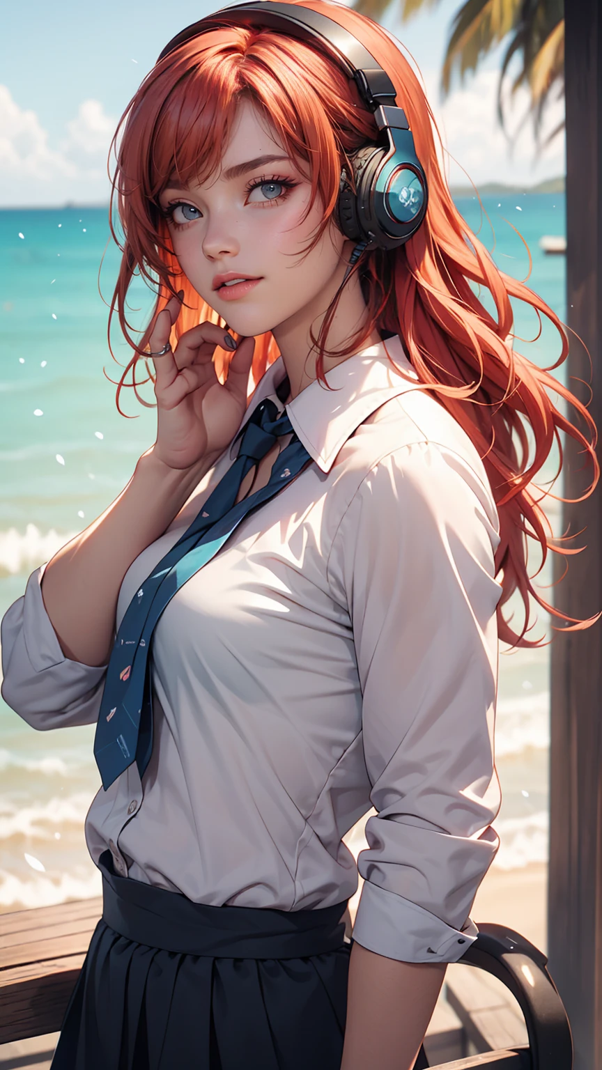 uta (one piece), There is eiichirou,, , One girl, :d, bangs, blue ribbon, diamond-shaped pupils, diamond (shape), Hair between the eyes, Headphones, Long Hair, multicoloRedhead, Open your mouth, Purple eyes, Redhead, ribbon, shirt, sign, No sleeve, No sleeve shirt, smile, alone, ((Split Color Hair)), symbol-shaped pupils, Gray Hair, white shirt, Ocean, One eye is covered, watercolor,, ,