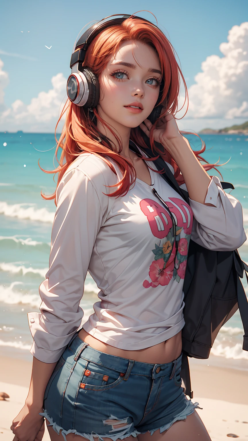 uta (one piece), There is eiichirou,, , One girl, :d, bangs, blue ribbon, diamond-shaped pupils, diamond (shape), Hair between the eyes, Headphones, Long Hair, multicoloRedhead, Open your mouth, Purple eyes, Redhead, ribbon, shirt, sign, No sleeve, No sleeve shirt, smile, alone, ((Split Color Hair)), symbol-shaped pupils, Gray Hair, white shirt, Ocean, One eye is covered, watercolor,, ,