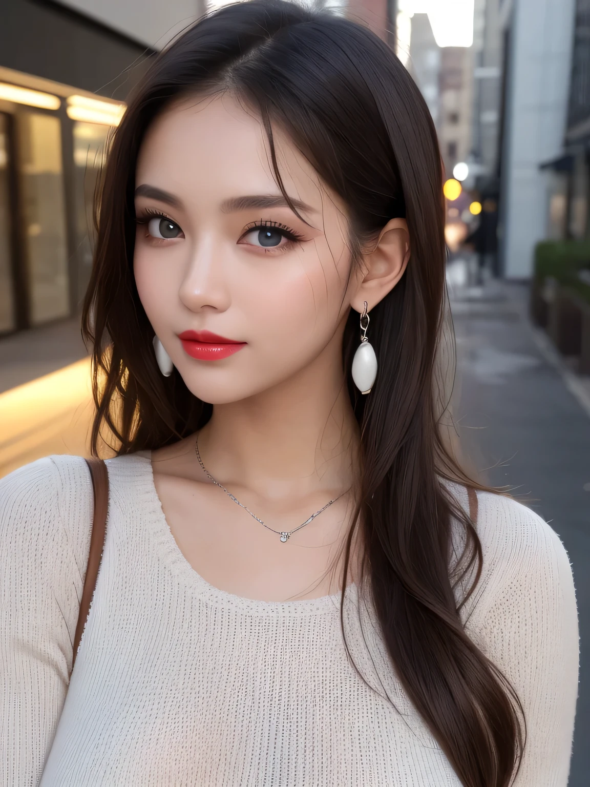 Beautiful urban college girl, masterpiece, light makeup, Red lips, Silver Hair, Long messy hair, urban landscape background, Beautiful and elegant. Ultra-fine detail, masterpiece, Authentic texture, Realism in film lighting, Perfect job, 16k, High resolution, Exquisite features, blue eyes, Japanese Idols, ponytail, Beautiful Face, Cute Smile, Brown Hair, Beautiful Hair, glamorous, Big Breasts, Huge breasts, Huge breasts, Big Breasts, Erect nipples, Greasy muscle, Shiny skin, Sunburned skin, dark Shiny skin, Big, bright eyes, Smooth Skin, Earrings, necklace, tattoo, Exquisite, Tanned Big Breasts, Everything is wet, Light knitted sweater,