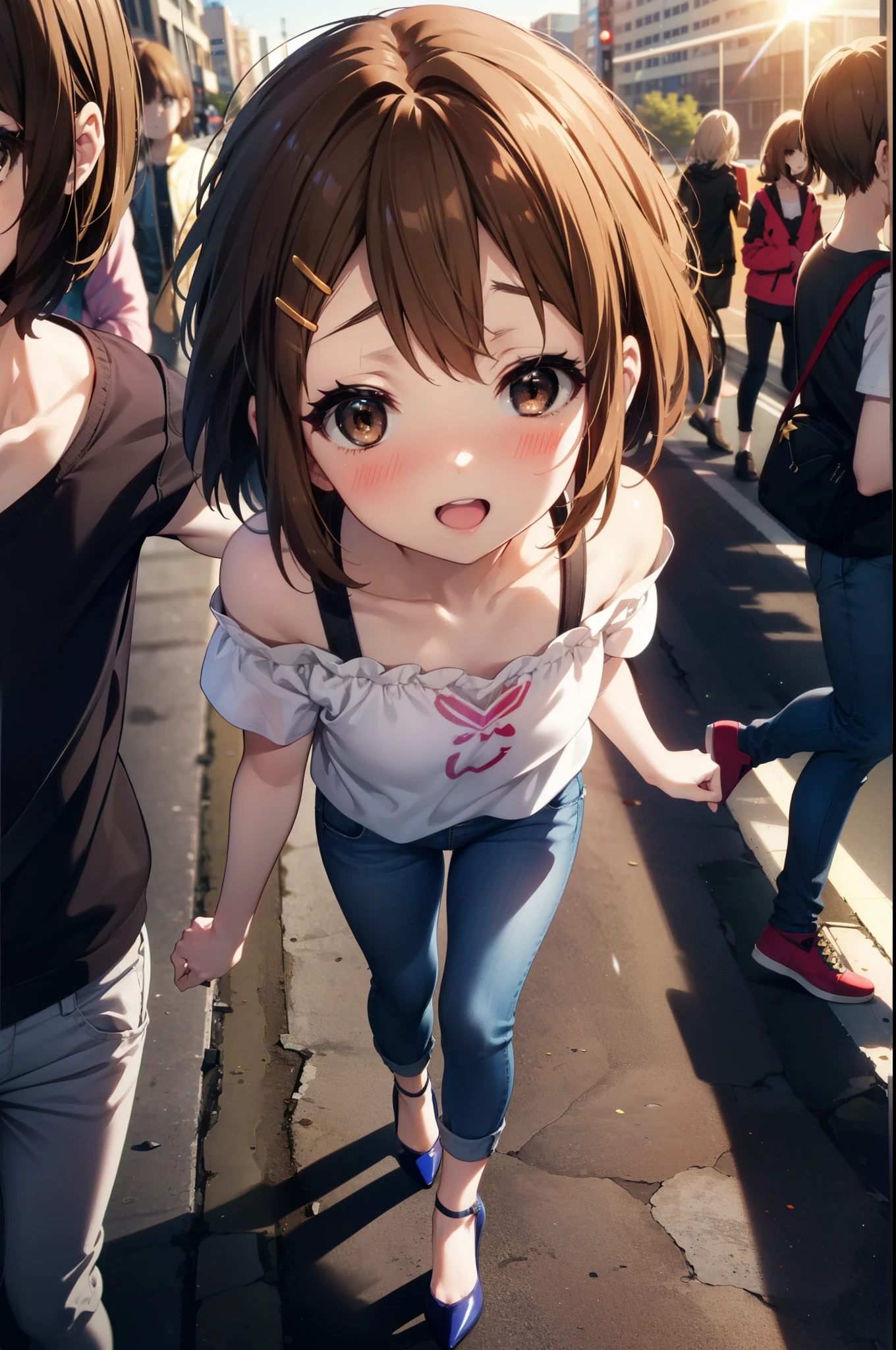 yuihirasawa, Yui Hirasawa, short hair, Brown Hair, hair ornaments, (Brown eyes:1.5), Hair Clip,happy smile, smile, Open your mouth,
hair band,Cord off-shoulder top,Short sleeve,skinny pants,Stiletto heels,morning,morning陽,The sun is rising,walk,whole bodyがイラストに入るように,Looking down from above,
break outdoors, city,construction area,
break looking at viewer, whole body,
break (masterpiece:1.2), highest quality, High resolution, unity 8k wallpaper, (shape:0.8), (Beautiful details:1.6), Highly detailed face, Perfect lighting, Extremely detailed CG, (Perfect hands, Perfect Anatomy),