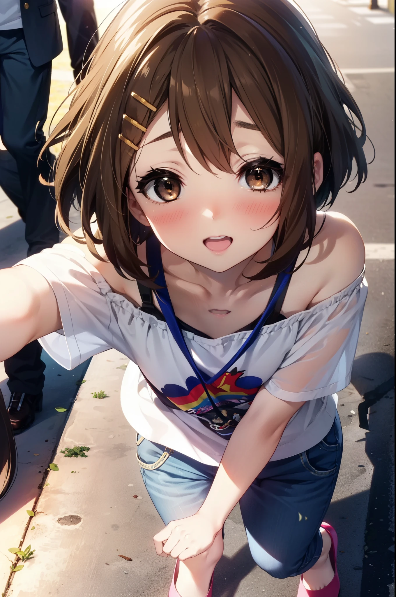 yuihirasawa, Yui Hirasawa, short hair, Brown Hair, hair ornaments, (Brown eyes:1.5), Hair Clip,happy smile, smile, Open your mouth,
hair band,Cord off-shoulder top,Short sleeve,skinny pants,Stiletto heels,morning,morning陽,The sun is rising,walk,whole bodyがイラストに入るように,Looking down from above,
break outdoors, city,construction area,
break looking at viewer, whole body,
break (masterpiece:1.2), highest quality, High resolution, unity 8k wallpaper, (shape:0.8), (Beautiful details:1.6), Highly detailed face, Perfect lighting, Extremely detailed CG, (Perfect hands, Perfect Anatomy),