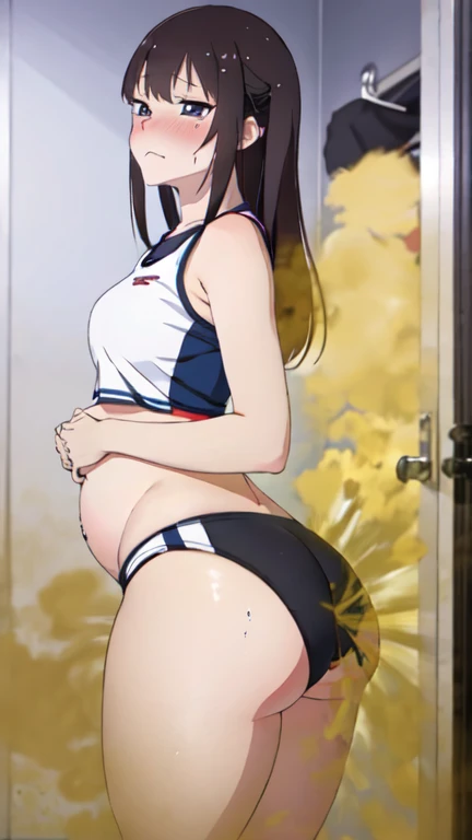 2 Asian girls, anime girls, both farting together side by side, desperate to poop, farting while standing, farting in public changing room, wearing sports outfit, stomach bloated, hands hugging stomach, pained expression, shocked and embarrassed, mouth open in shock, sweating, blushing, beautiful and cute face, anime art style, fit body, tall and thin, view from side, legs spread
