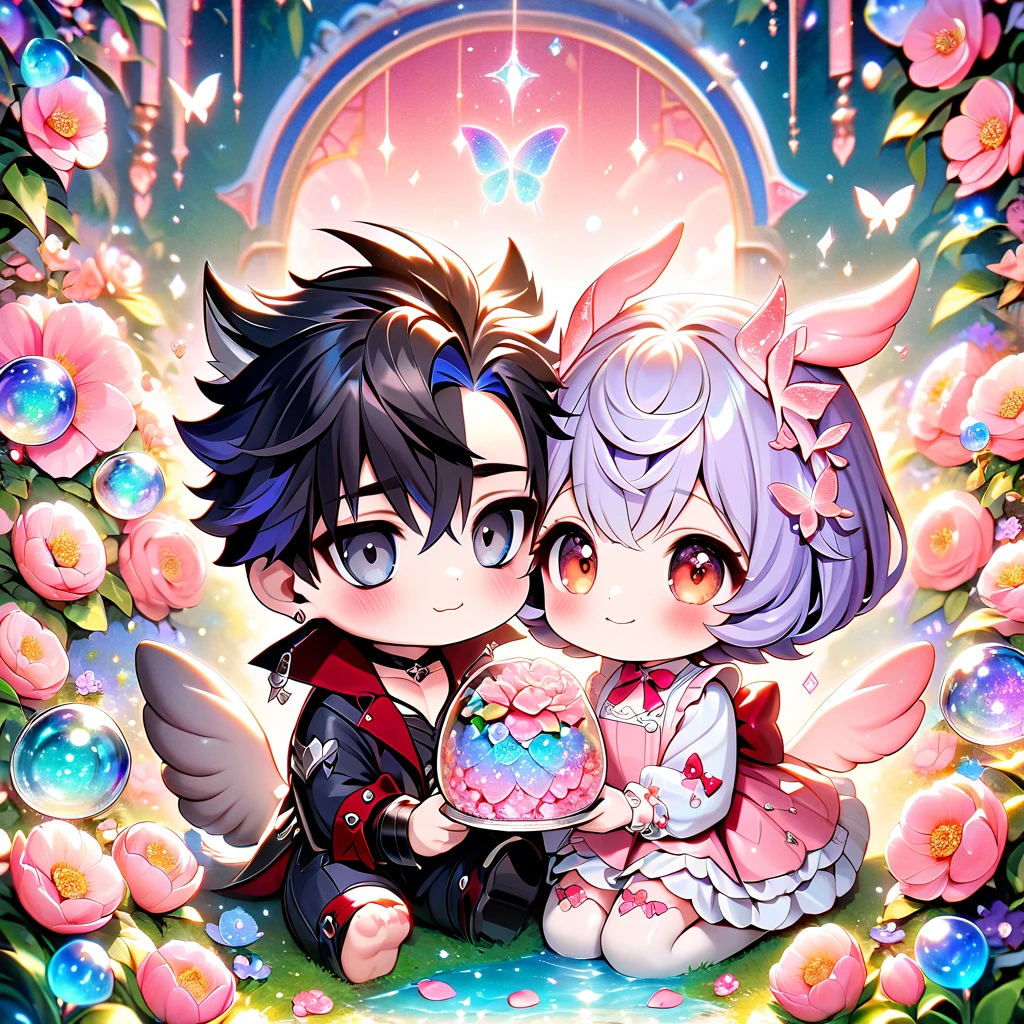 (absurdres, highres, ultra detailed, HDR) master piece, best quality, perfect face, Wriothesley, black hair, expressive gray eyes, genshin impact, happy, handsome man together with a cute girl, Sigewinne, light-purple hair, expressive orange eyes, pink flowers, glass pink petals, glass pink butterflies, glass garden, glass blossoms, everything made with glass, pink gemstones