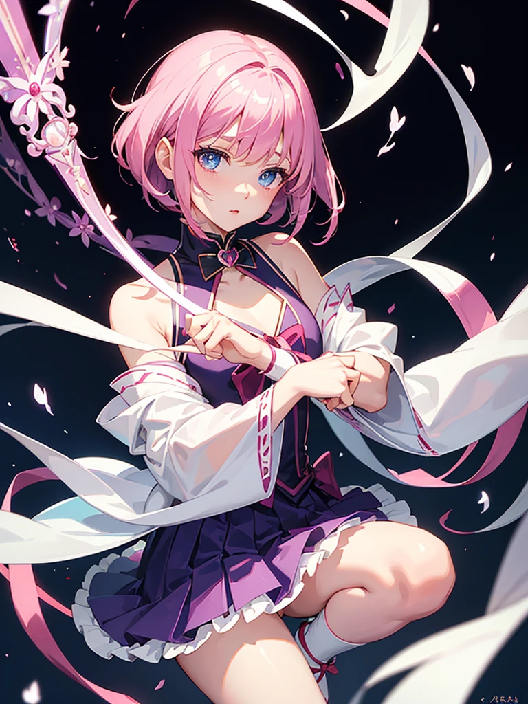 Magical girl, looks a little young, beautiful blue eyes, moist pink lips, cuts with shoulder mouths and bangs are near the eyebrows Brown short hair, bust B, shrine style with Japanese precious The magical girl costume has no sleeves and you can see the side and side milk, a frilled skirt, a black long glove tied with a purple string, a white long tabi tied with a red string,