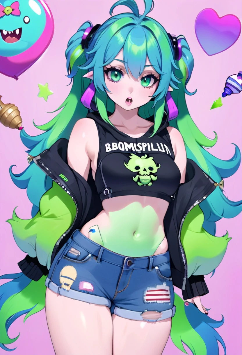 1girl, woman, pastel goth sweet girl, cute, cameltoe, [:seductive costume design,:0.2], punk hair, blue hair, French Roll, torn denim shorts, bombshell hair, crimson hair with blue-green highlights, long bombshell hair, average figure, caucasian