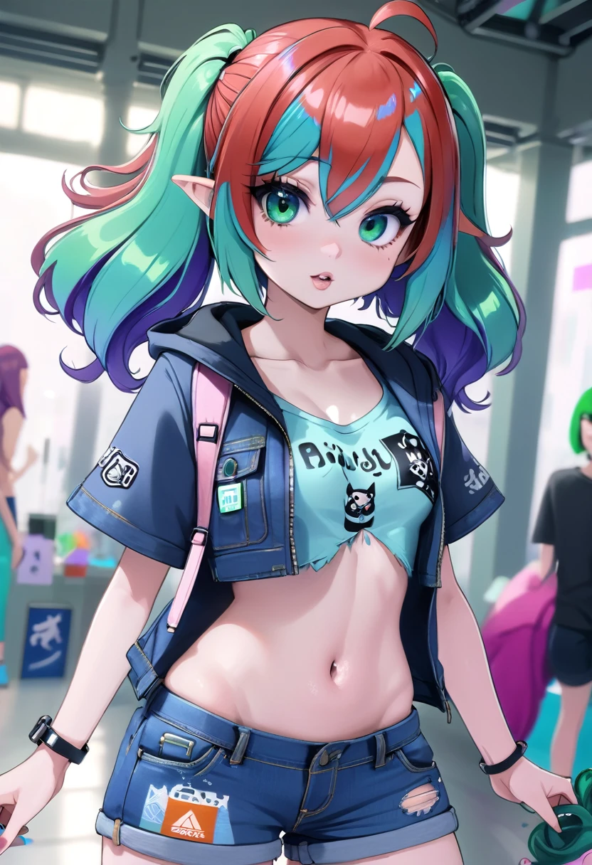 1girl, woman, pastel goth sweet girl, cute, cameltoe, [:seductive costume design,:0.2], punk hair, blue hair, French Roll, torn denim shorts, bombshell hair, crimson hair with blue-green highlights, long bombshell hair, average figure, caucasian