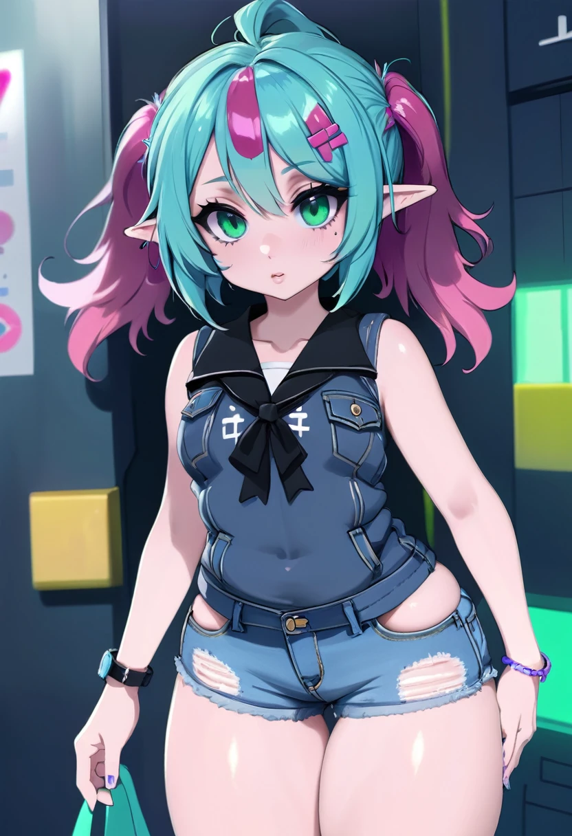 1girl, woman, pastel goth sweet girl, cute, cameltoe, [:seductive costume design,:0.2], punk hair, blue hair, French Roll, torn denim shorts, bombshell hair, crimson hair with blue-green highlights, long bombshell hair, average figure, caucasian