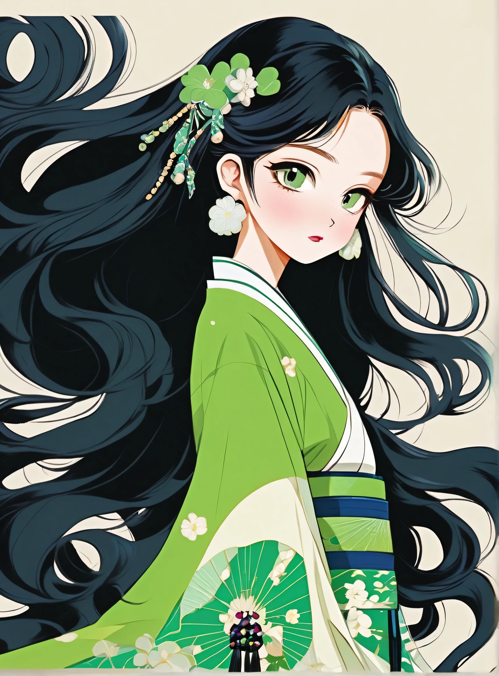 An illustration, she、My Funky Decoration, Anime Style, High resolution, 2k, Very detailed、Long black hair、green、Ono no Komachi in the Reiwa Era