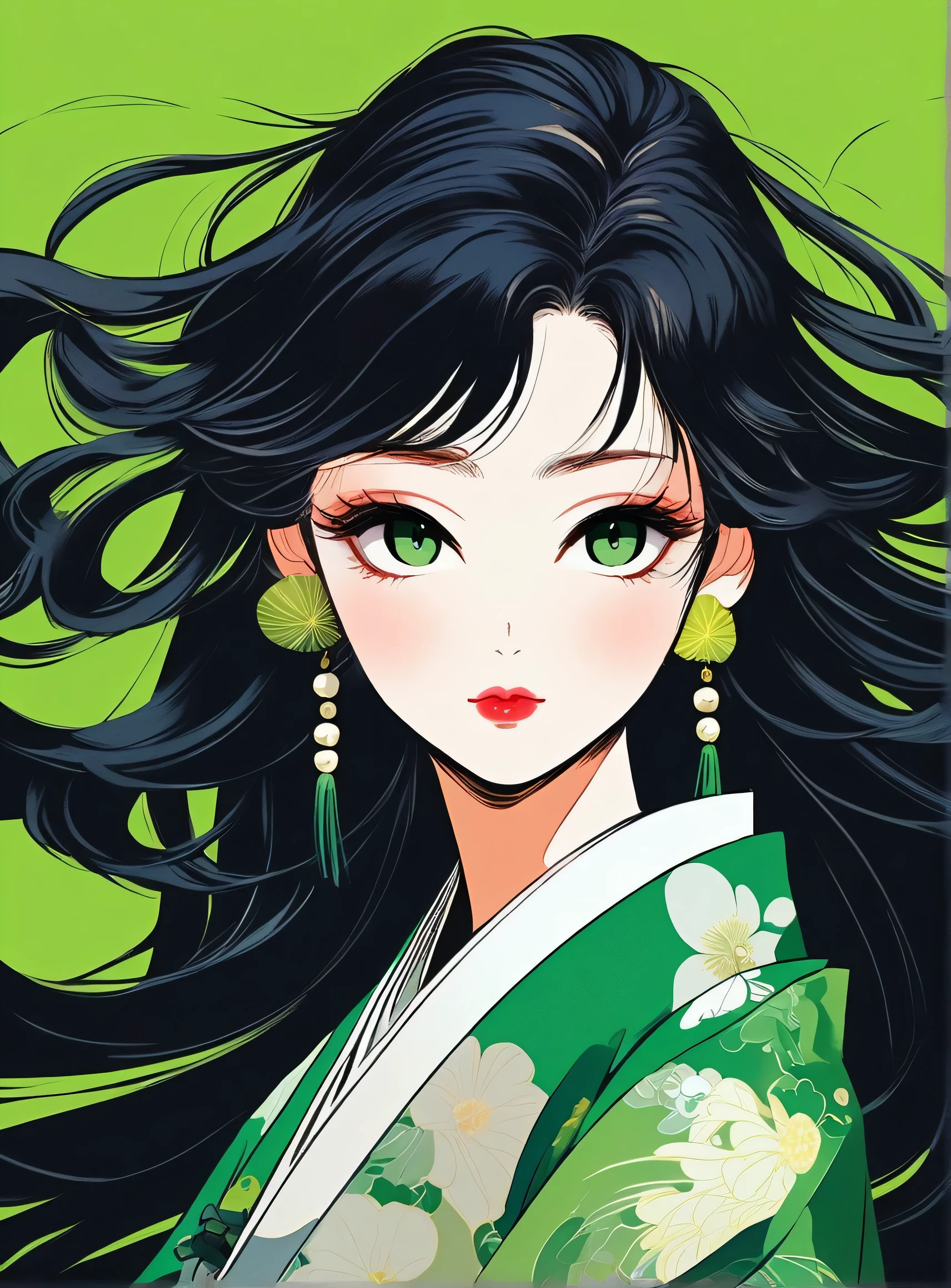 An illustration, she、My Funky Decoration, Anime Style, High resolution, 2k, Very detailed、Long black hair、green、Ono no Komachi in the Reiwa Era