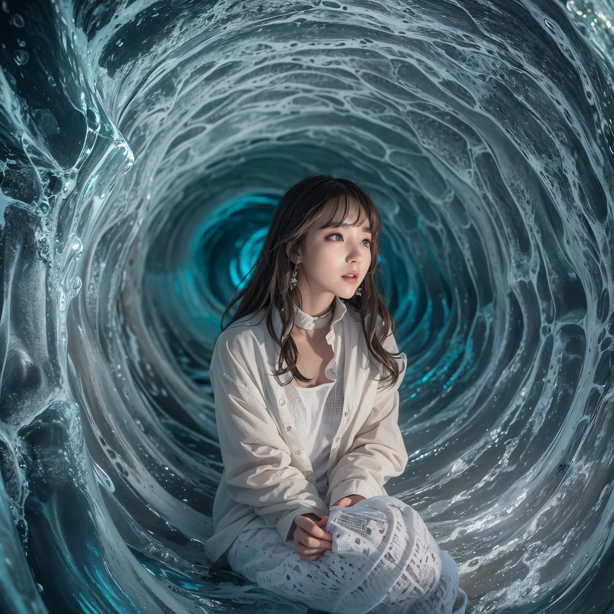 Best quality，masterpiece，16k,Artistic，Polar Coordinate Tunnel，A tunnel surrounded by sea waves，Special effect，Inception，Fantasy，1girl，Dynamic poses，Looking at the camera，