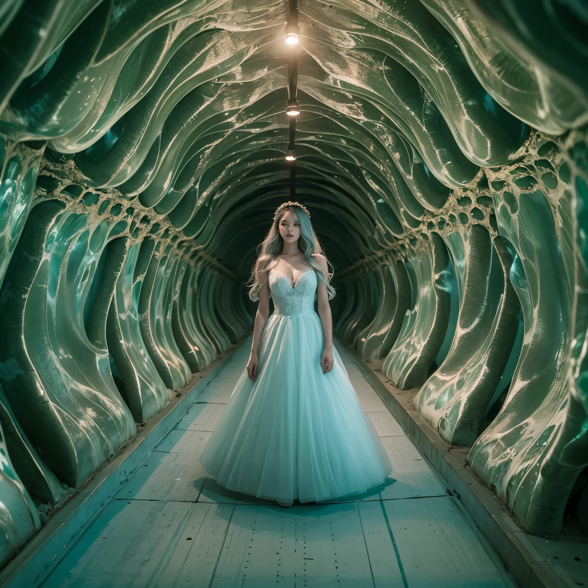 Best quality,masterpiece,16k,Artistic,Polar Coordinate Tunnel,A tunnel surrounded by sea waves,Special effect,Inception,Fantasy,1girl,Dynamic poses,Looking at the camera,