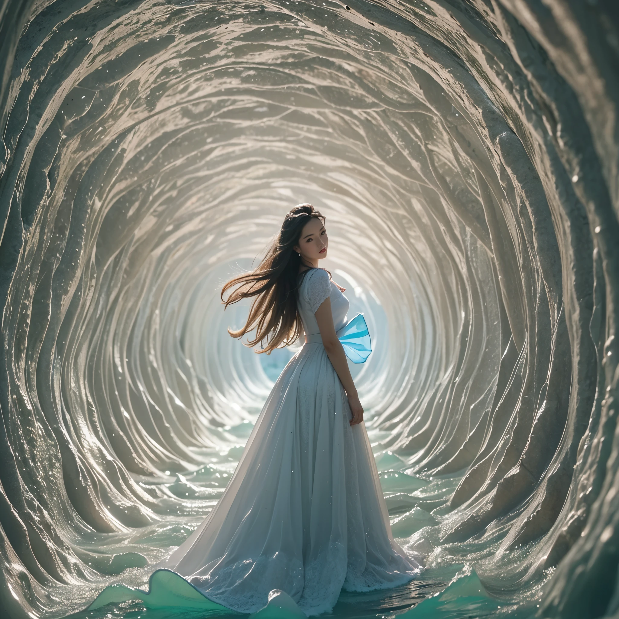 Best quality,masterpiece,16k,Artistic,Polar Coordinate Tunnel,A tunnel surrounded by sea waves,Special effect,Inception,Fantasy,1girl,Dynamic poses,Looking at the camera,