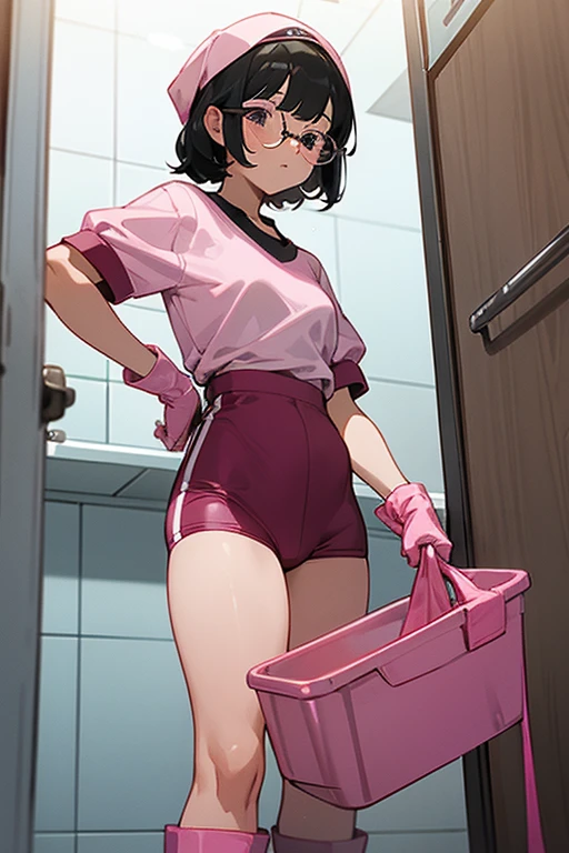 A black-haired, ugly elementary school girl wearing glasses and a short-sleeved gym uniform, a gym cap and white rubber boots, is trying to put on a pair of oversized pink rubber gloves in front of the cleaning supplies closet in the bathroom.