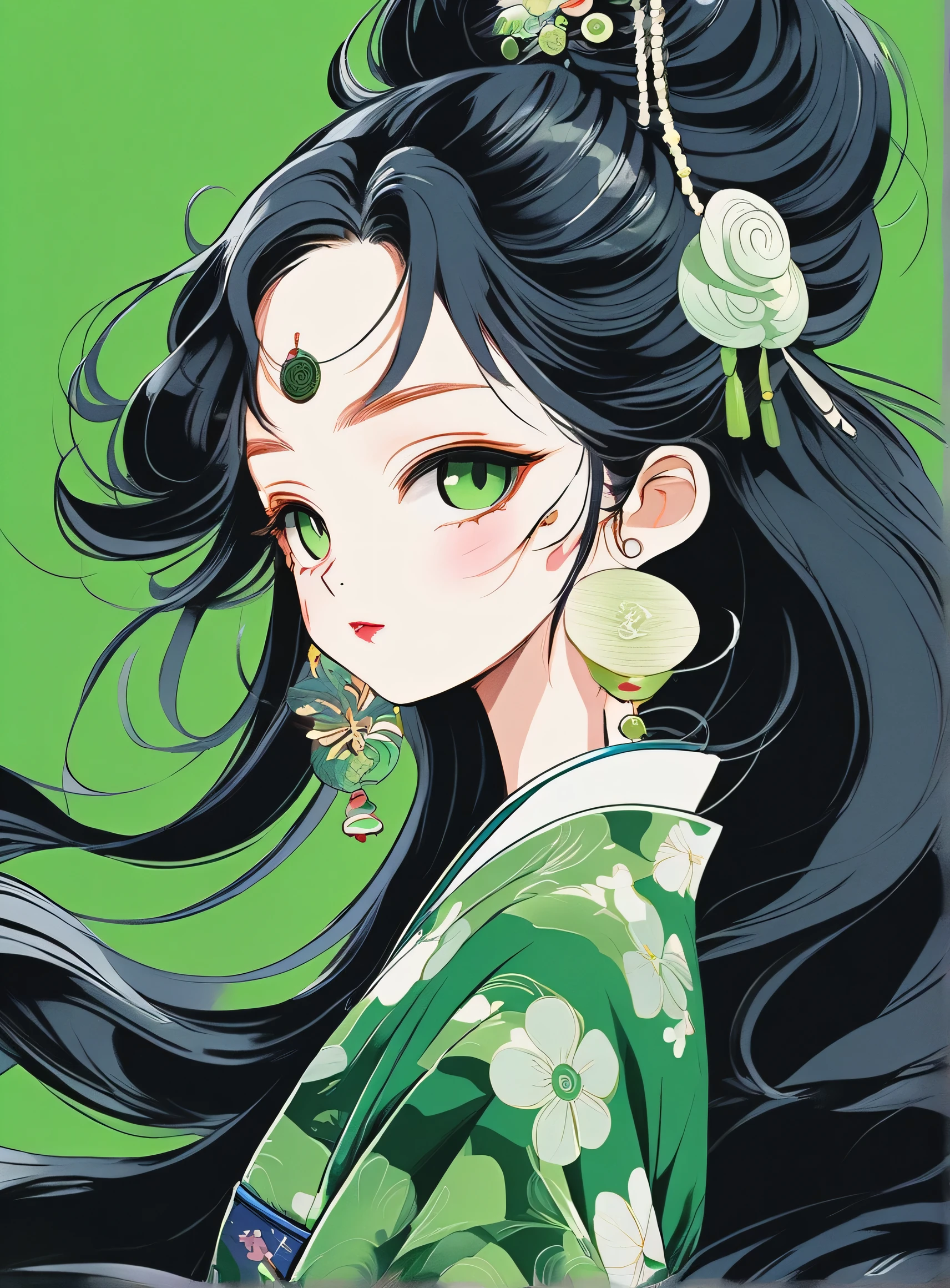 An illustration, she、My Funky Decoration, Anime Style, High resolution, 2k, Very detailed、Long black hair、green、Ono no Komachi in the Reiwa Era