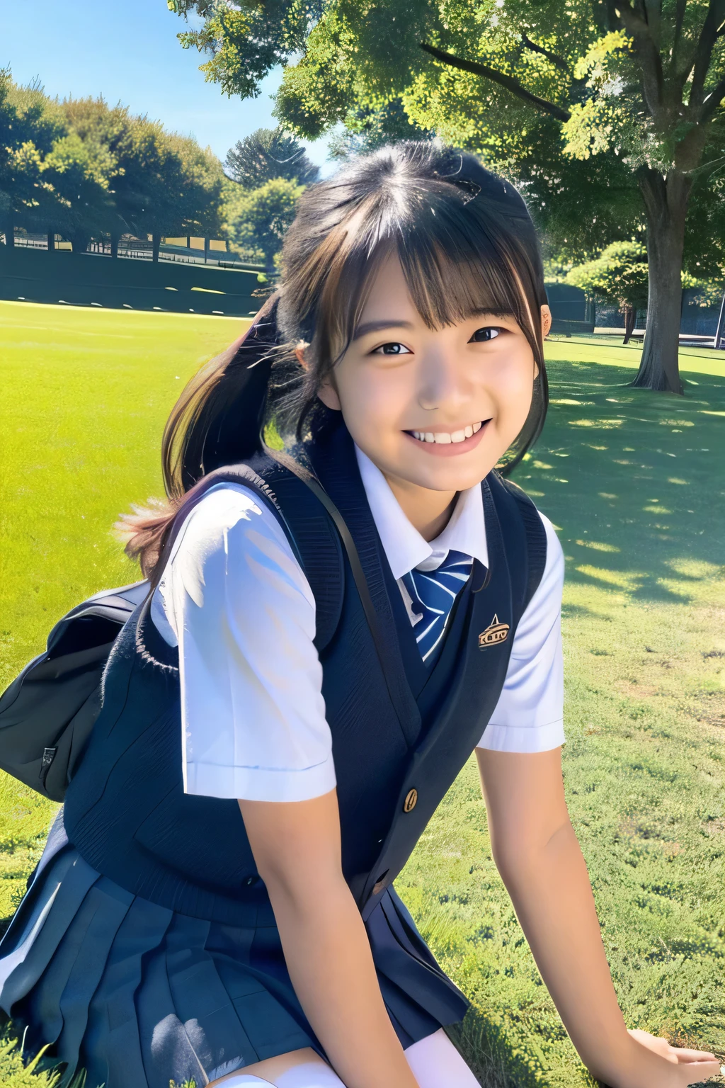 ((masterpiece)), japanese, (a girl), (18 years old), (((school uniform))), smiling, a park, dark blue knit vest, (crouch down on grass), (view from below), blue sky, thighs,