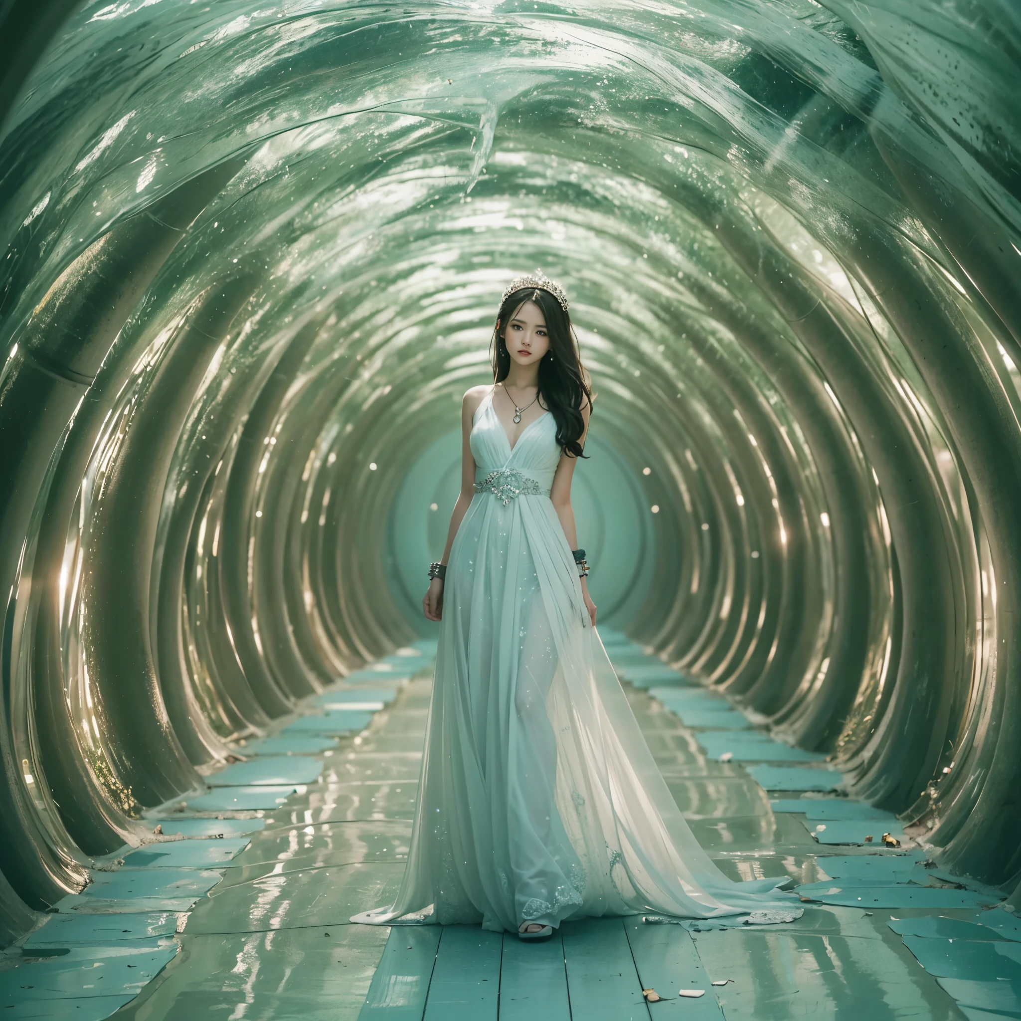 Best quality,masterpiece,16k,Artistic,Polar Coordinate Tunnel,A tunnel surrounded by sea waves,Special effect,Inception,Fantasy,1girl,Dynamic poses,Looking at the camera,