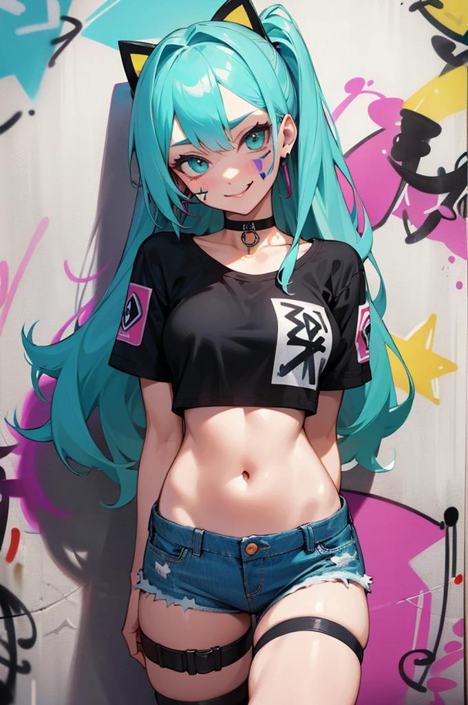 (masterpiece), best quality, (Professional Photography:1.2), (High Definition:1.3), 1girl, cute age girl, crop top, denim shorts, choker, (graffiti:1.5), very messy long hair, paint splatter, arms behind back, against wall,, armband, thigh strap, paint on body, head tilt, (evil smile), tongue out, multicolored hair, aqua eyes, headset