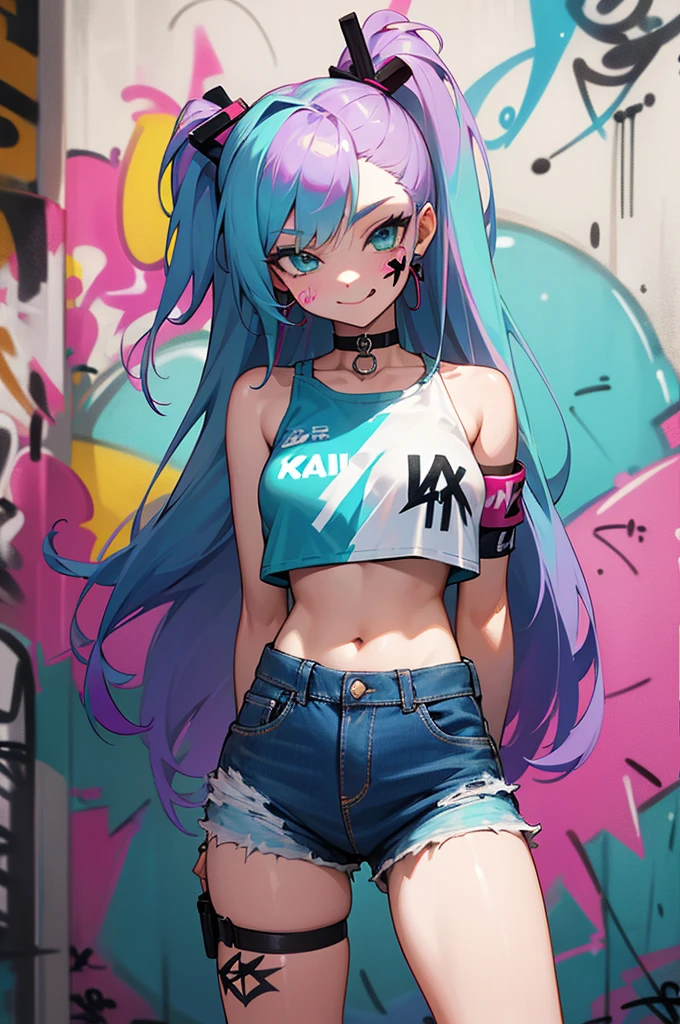 (masterpiece), best quality, (Professional Photography:1.2), (High Definition:1.3), 1girl, cute age girl, crop top, denim shorts, choker, (graffiti:1.5), very messy long hair, paint splatter, arms behind back, against wall,, armband, thigh strap, paint on body, head tilt, (evil smile), tongue out, multicolored hair, aqua eyes, headset
