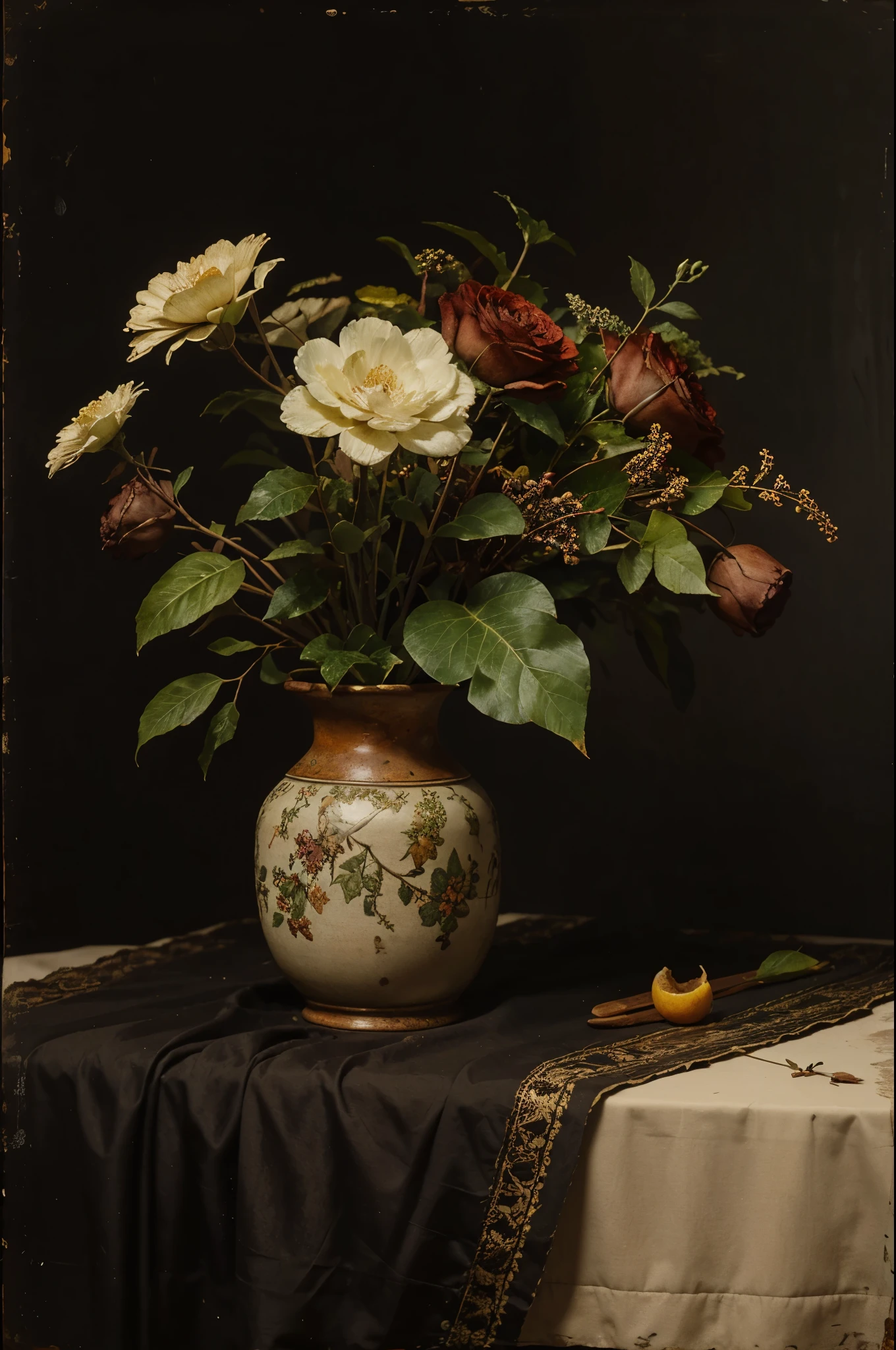still life painting, melocotones y hojas, sobre una mesa con fondo negro, old painting style, primer plano