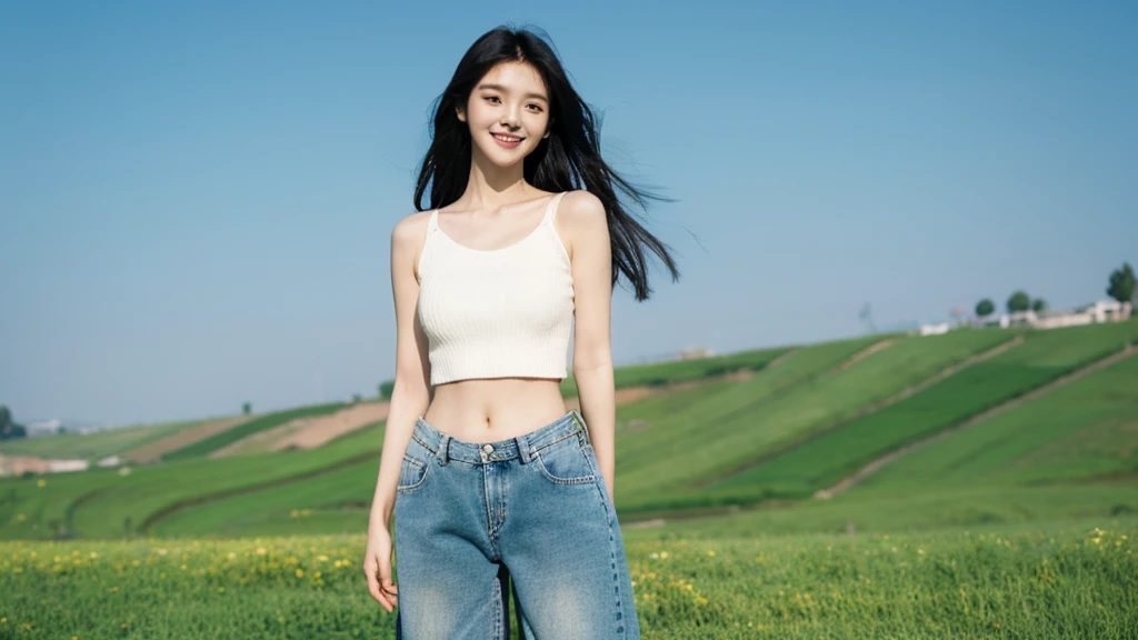 A woman with long black hair, standing in the green meadow, The wind is blowing strong., Beautiful sunlight, clear sky, Wear a white crop top with open shoulders., shoulder, armpit, collarbone, big breasts, abdomen, navel, Wear short jeans, Beautiful legs, beautiful korean girl, Korean model, sexy, smile.