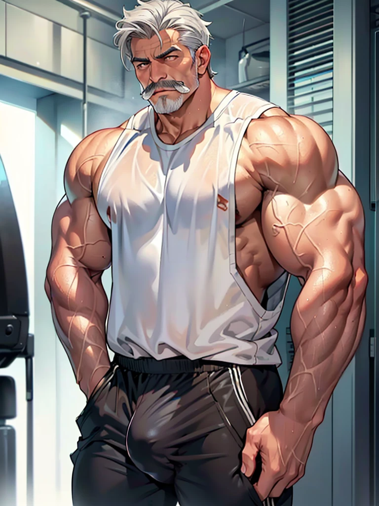 Middle-aged man, detailed face, gray hair, seductive look, mustache, masculine face, muscular body, prominent veins. He is wearing very tight sports pants showing his muscles, a big bulge, a wet white tank top.