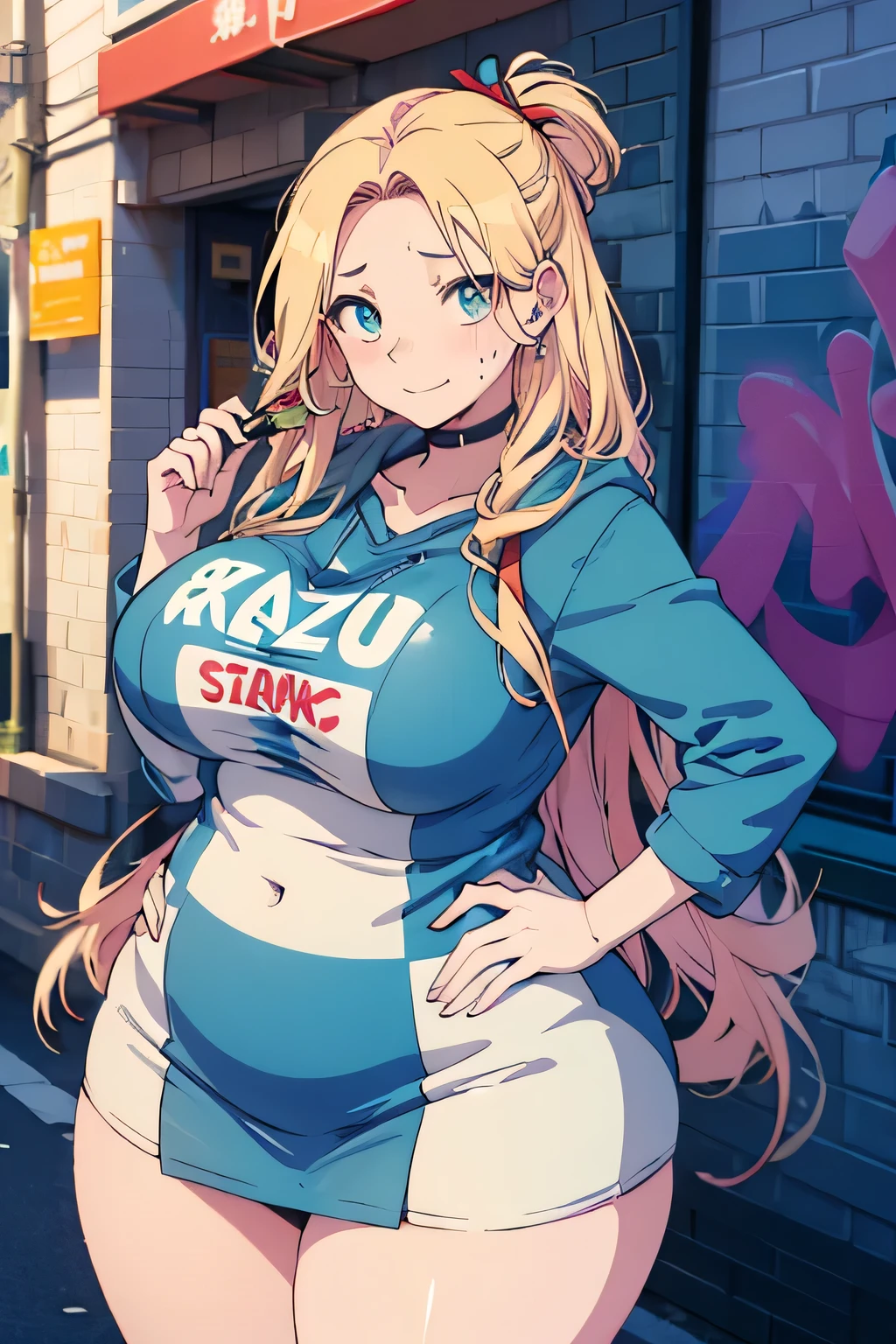 Anime illustration、Very detailed、highest quality、Sex Appeal、Maze-like street、Street fashion、smile、Graffiti art on the wall、Plump Gal、Perfect proportions、Very large breasts、Fatty legs、Clear eyes、Sweaty、Cowboy Shot