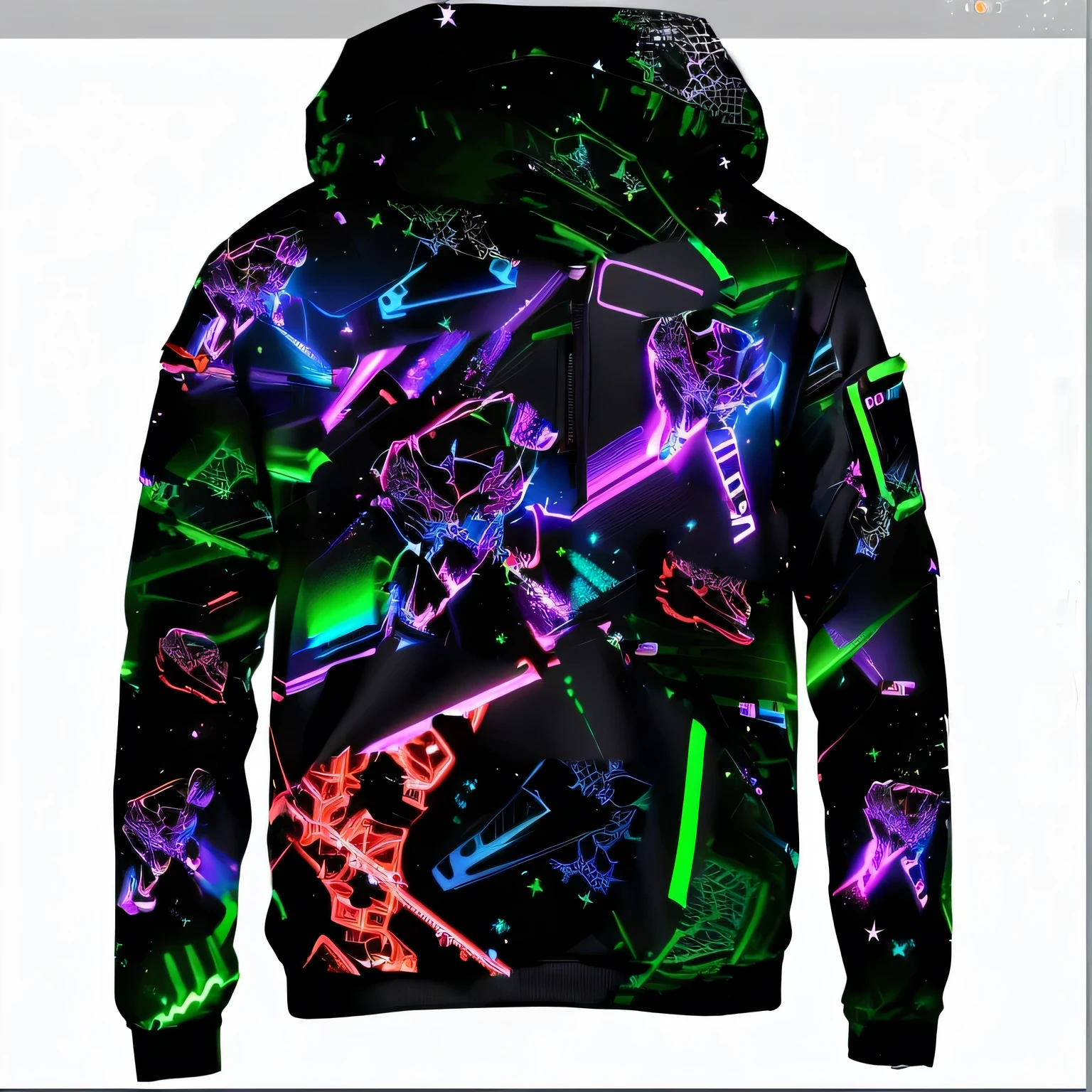 a close up of a hoodie with a bunch of neon lights on it, neon, hoodie, hoodie, galaxy, Holographic sci-fi hood, 4K in 2023, neon edges on bottom of body, future, high detail, Shocking, High Detail Clothing, Sportswear, new design, High Detail, 80&#39;s, 8 0