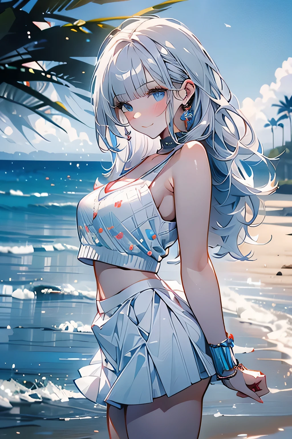 ((panty shot)),((lifting skirt)),((white panties focus)),(beautiful elegant white panties),♥low angle,from below,full body,
♥full body,(looking at the viewer),(sexy elegant blue knit long sweater,bikini),low angle,((1girl,cute,young,semi long beautiful silver hair,blunt bangs,beautiful blue eyes,medium boobs)),(beautiful beach,sand,waves,blue sky),(solo), (bathing in the sea), innocent smile,cinematic lighting and pause,