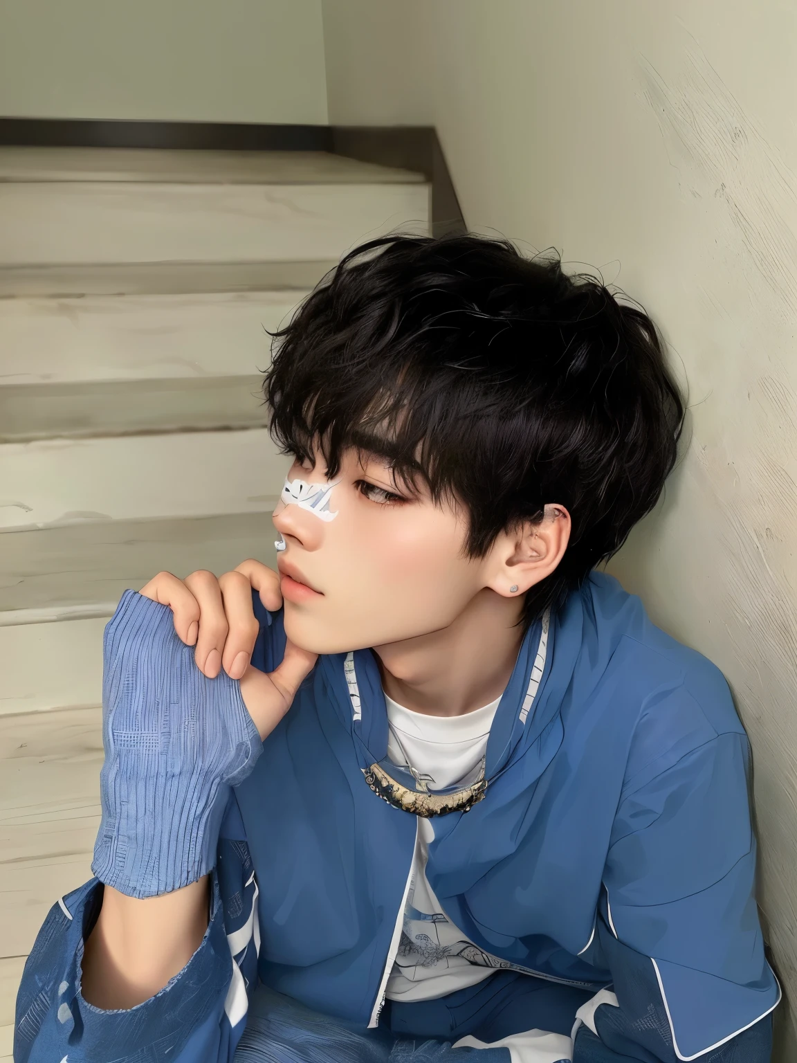 there is a young man sitting on the stairs with his hand on his chin, male Ulzzang, Cai Xukun, Kim Doyoung, Jinyoung Shin, Jung Jaehyun, com cabelo curto, 1 7 -  - old ino rosto magro, Ulzzang, hyung tae, Hong junho hyung, taejune kim, menino rosto magro, menino tem cabelo preto curto com asas de anjo