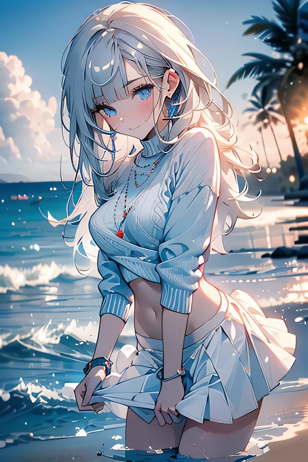 ((panty shot)),((lifting skirt)),((white panties focus)),(beautiful elegant white panties),♥low angle,from below,full body,
♥full body,(looking at the viewer),(sexy elegant blue knit long sweater,bikini),low angle,((1girl,cute,young,semi long beautiful silver hair,blunt bangs,beautiful blue eyes,medium boobs)),(beautiful beach,sand,waves,blue sky),(solo), (bathing in the sea), innocent smile,cinematic lighting and pause,