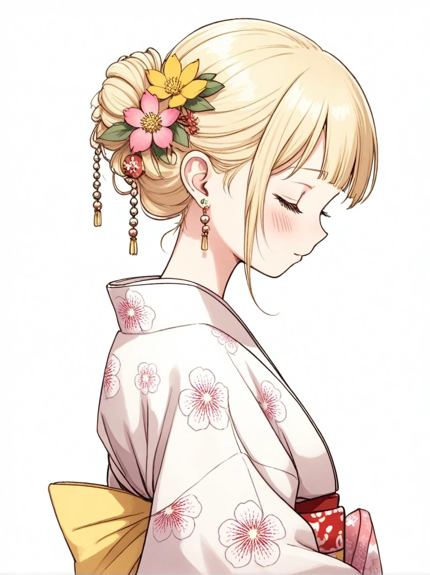 1girl, solo, hair ornament, flower, closed eyes, profile, hair flower, pink flower, braid, kimono, blush, blonde hair, yellow flower, leaf, earrings, jewelry, japanese clothes, white background, floral print