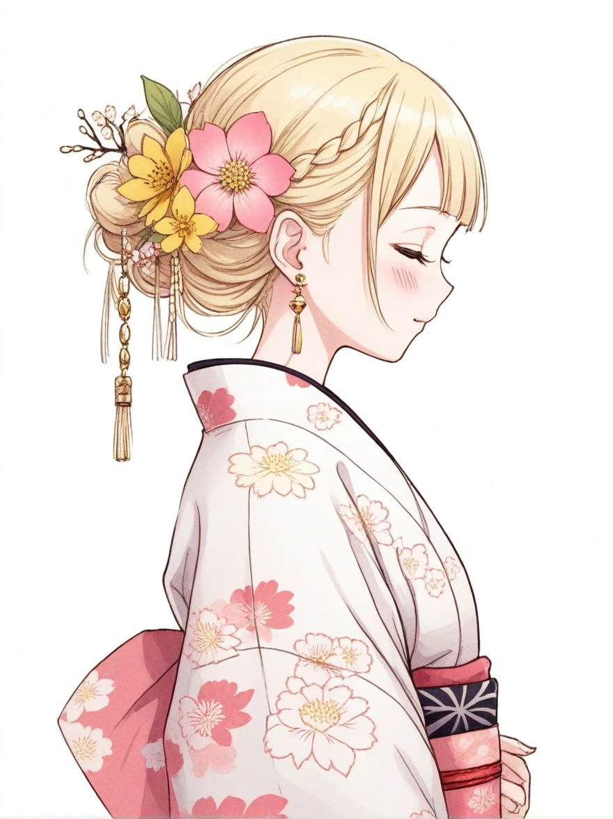 1girl, solo, hair ornament, flower, closed eyes, profile, hair flower, pink flower, braid, kimono, blush, blonde hair, yellow flower, leaf, earrings, jewelry, japanese clothes, white background, floral print