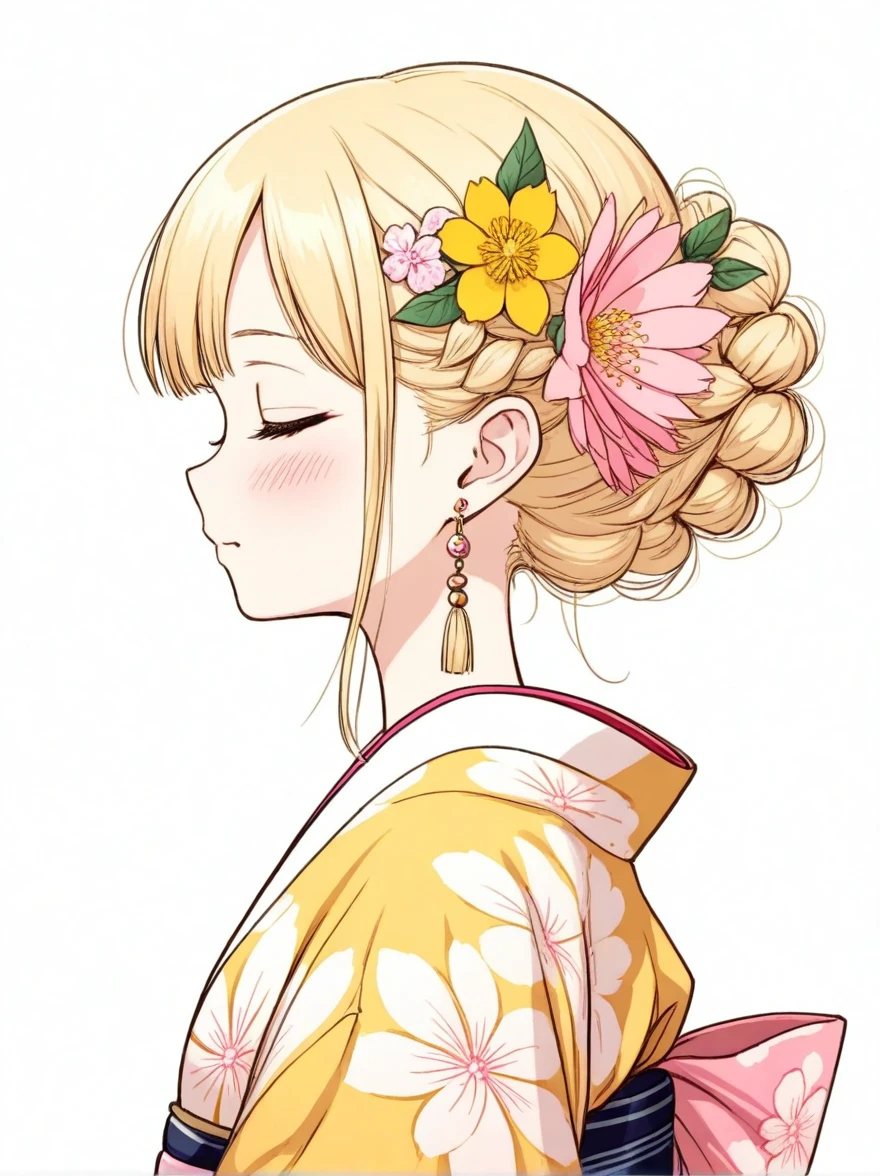 1girl, solo, hair ornament, flower, closed eyes, profile, hair flower, pink flower, braid, kimono, blush, blonde hair, yellow flower, leaf, earrings, jewelry, japanese clothes, white background, floral print