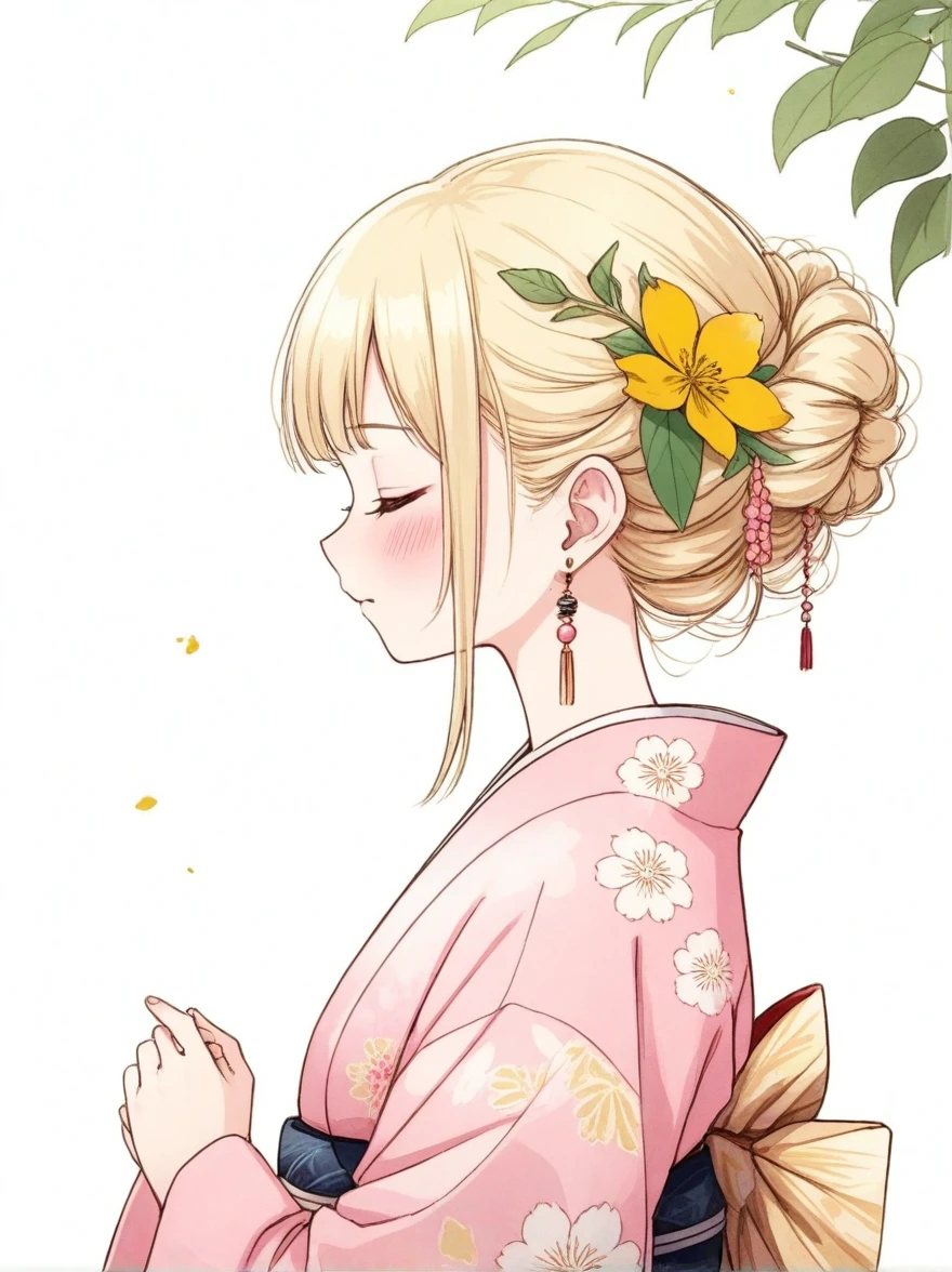 1girl, solo, hair ornament, flower, closed eyes, profile, hair flower, pink flower, braid, kimono, blush, blonde hair, yellow flower, leaf, earrings, jewelry, japanese clothes, white background, floral print