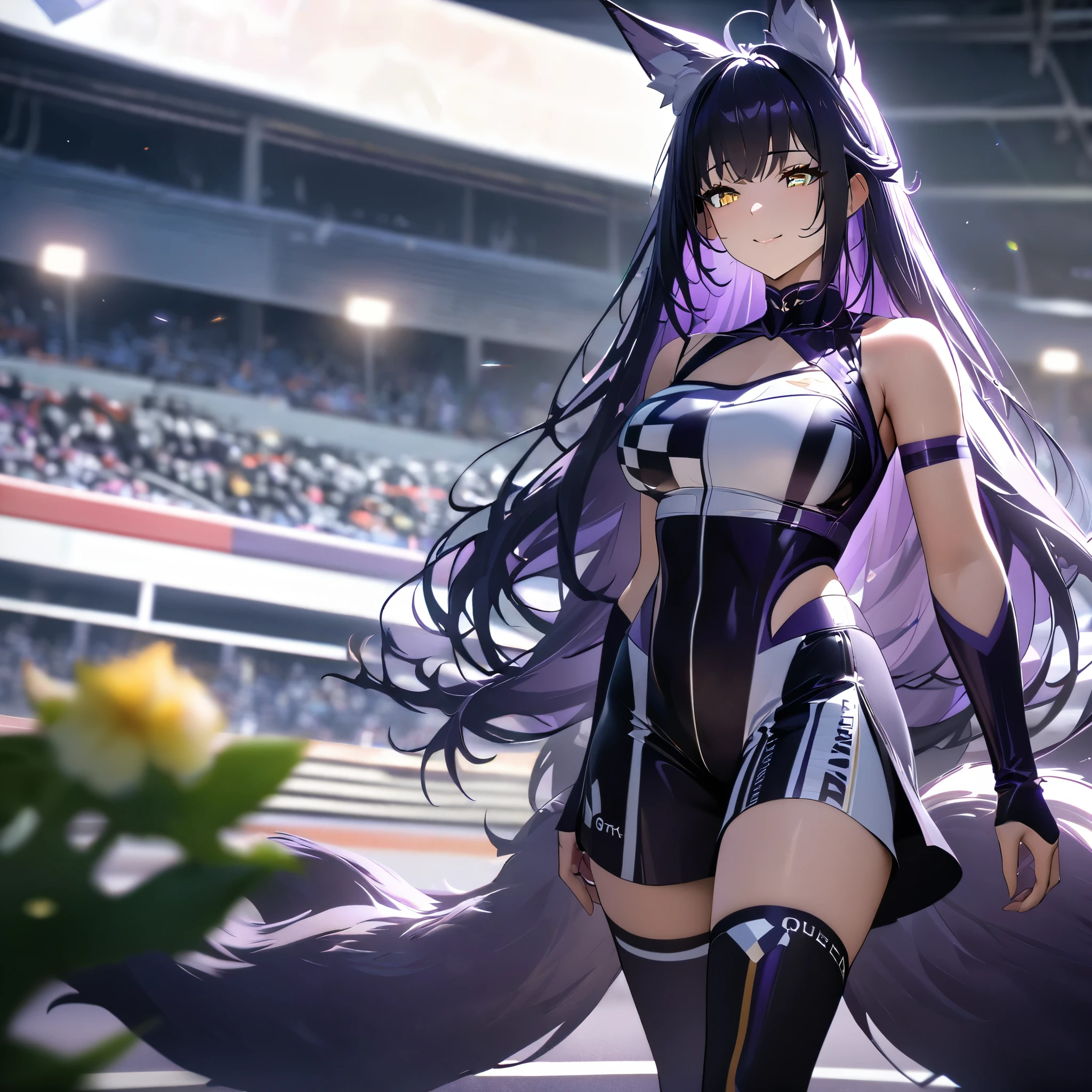 A woman wearing a dark purple queen race outfit, black long socks, leather boots, dark purple hair, long hair, yellow eyes, kitsune ears, kitsune tail, multi tail, walking on a customized and illuminated racetrack, with a racing car dark purple next door, big , smiling,.shadow, flower, UHD, masterpiece, accurate, anatomically correct, textured skin, super detail, high quality, best quality, 8k, high resolution, bokeh effect.( solo woman)
