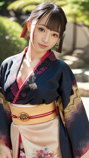 masterpiece, highest quality, Raw photo, Ultra-high resolution, Realistic,
(Anatomically correct, , Viewer's Lover, She really loves her viewers, Baby Face, C Perfect body, Small waist and full body, Thin legs, Large Breasts, Realistic Skin, Angle from below, Show off your whole body style),
((Wear kimonos with intricate patterns and traditional designs, Detailed Color, A kimono with vibrant patterns, Traditional and luxurious kimono:1.3)),
(country, Round face, Black Hair, Watery eyes, Shining Eyes, Short Bob Cut, bangs, Lowered eyebrows, Small earrings, A slight blush),
(View your viewers, View Photographer, Are standing),
(Sensual smile),
(Traditional Japanese Garden),
Natural light, full length, ((Visible nipples)),Lace Underwear