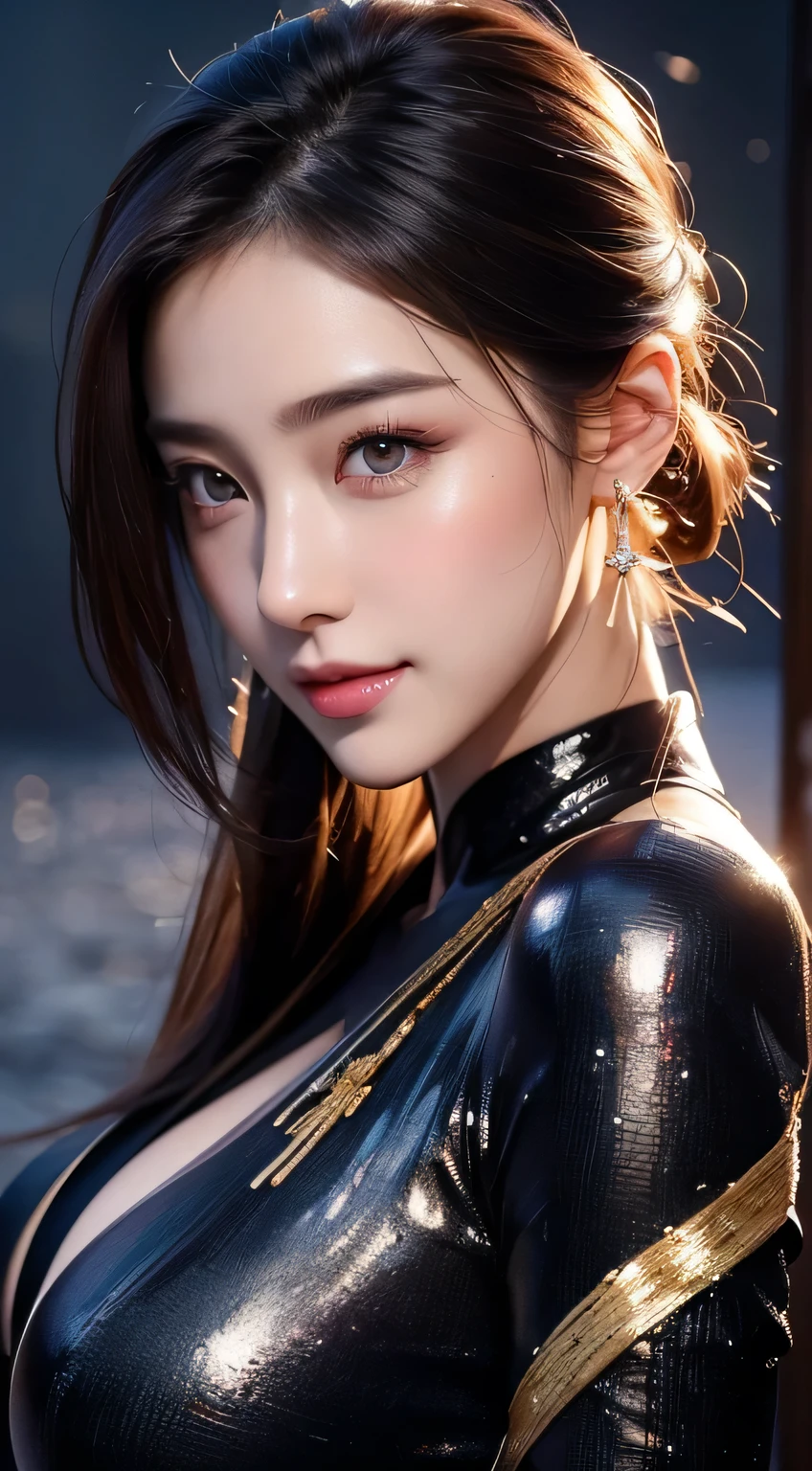 Beautiful woman in kimono,Body Portrait、8k,Beautiful and beautiful eyes,Dindal effect、masterpiece, 最high quality, high quality, High resolution、Very detailed photos、(Natural skin texture、Fine skin、Hyperrealism、Ultra Sharpness)、Skin with attention to detail、(Very detailed、Fine skin texture、Intricate details、Beautiful Face、(A vivid face)、Realistic eyes、Beautiful and detailed、Realistic Skin、Beautiful Skin、Surreal、Very detailed、Golden Ratio、With a smile、((Night moonlight background))、Body Portrait、G-Cup、Big Breasts,glamorous,Shiny bodysuit