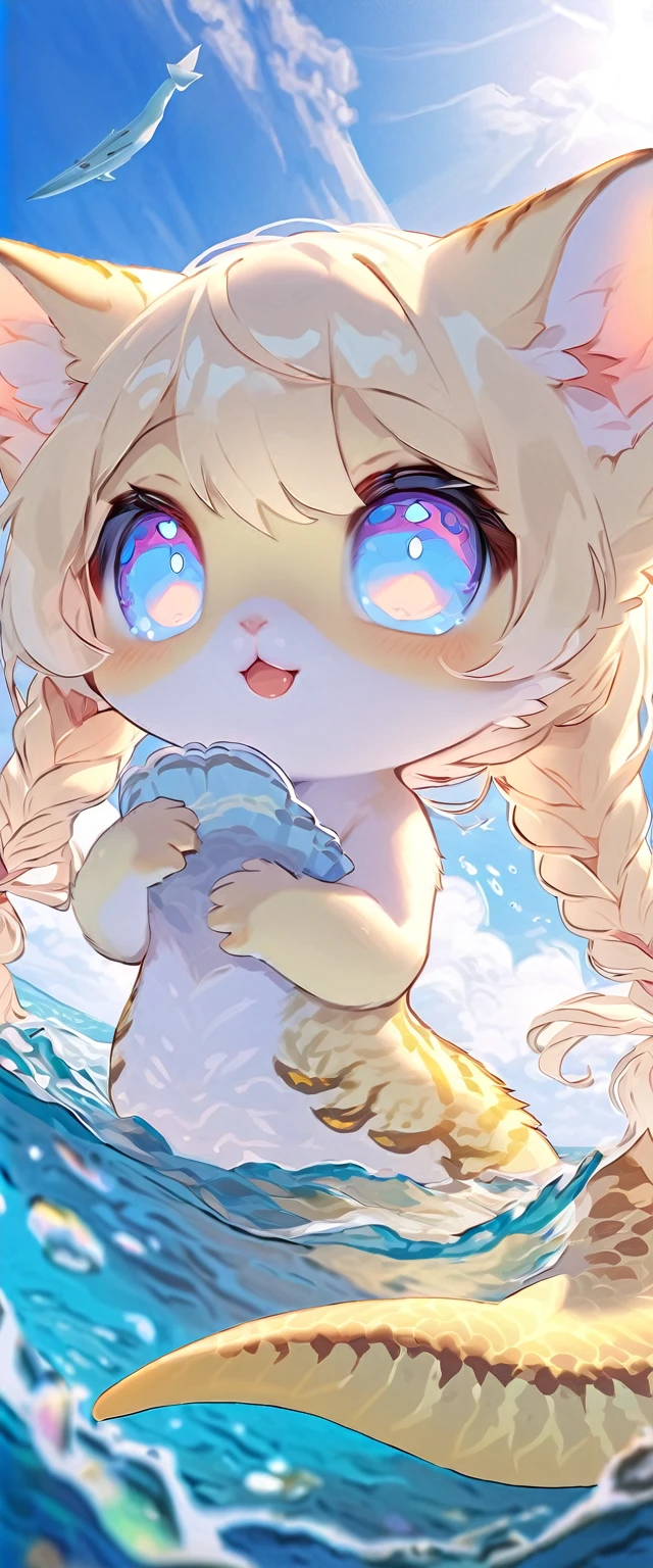 1female\(mermaid,beautiful scale shining prism,beautiful tail fin shining prism,cute,kawaii,age of 20,long braid hair,blonde,singing beautiful song,eye color ocean blue,big eyes,dynamic pose\), BREAK ,background\(under the beautiful clean sea,beautiful fishes,big ship\), BREAK ,quality\(8k,wallpaper of extremely detailed CG unit, ​masterpiece,hight resolution,top-quality,top-quality real texture skin,hyper realisitic,increase the resolution,RAW photos,best qualtiy,highly detailed,the wallpaper,cinematic lighting,ray trace,golden ratio\),(close up kitten:1.6),dynamic angle,lamdscape