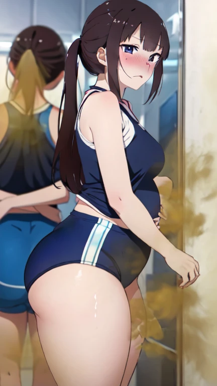 2 Asian girls, anime girls, both farting together side by side, desperate to poop, farting while standing, farting in public changing room, wearing sports outfit, stomach bloated, hands hugging stomach, pained expression, shocked and embarrassed, mouth open in shock, sweating, blushing, beautiful and cute face, anime art style, fit body, tall and thin, view from side, legs spread