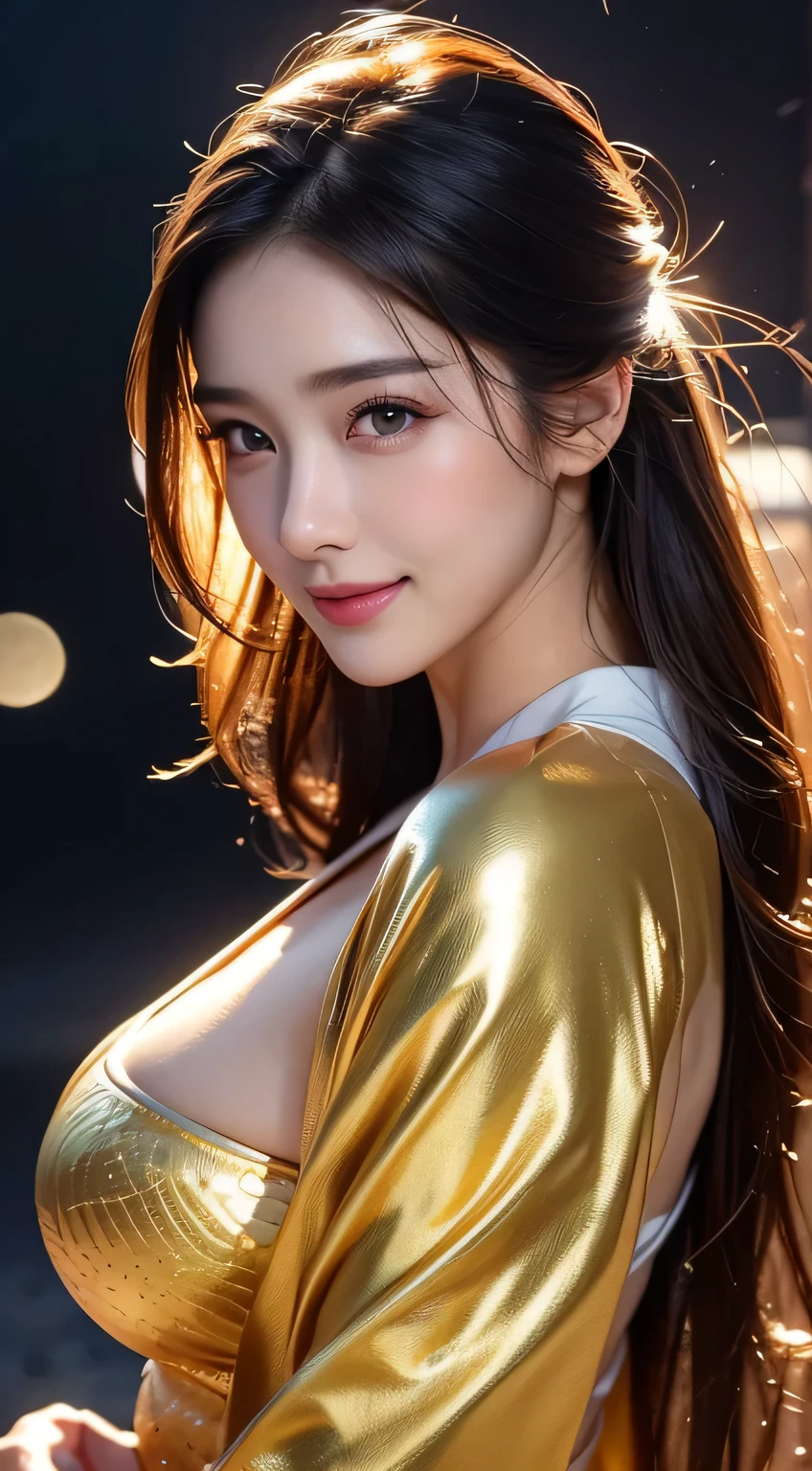 Beautiful woman in kimono,Body Portrait、8k,Beautiful and beautiful eyes,Dindal effect、masterpiece, 最high quality, high quality, High resolution、Very detailed photos、(Natural skin texture、Fine skin、Hyperrealism、Ultra Sharpness)、Skin with attention to detail、(Very detailed、Fine skin texture、Intricate details、Beautiful Face、(A vivid face)、Realistic eyes、Beautiful and detailed、Realistic Skin、Beautiful Skin、Surreal、Very detailed、Golden Ratio、With a smile、((Night moonlight background))、Body Portrait、G-Cup、Big Breasts,glamorous,Shiny bodysuit