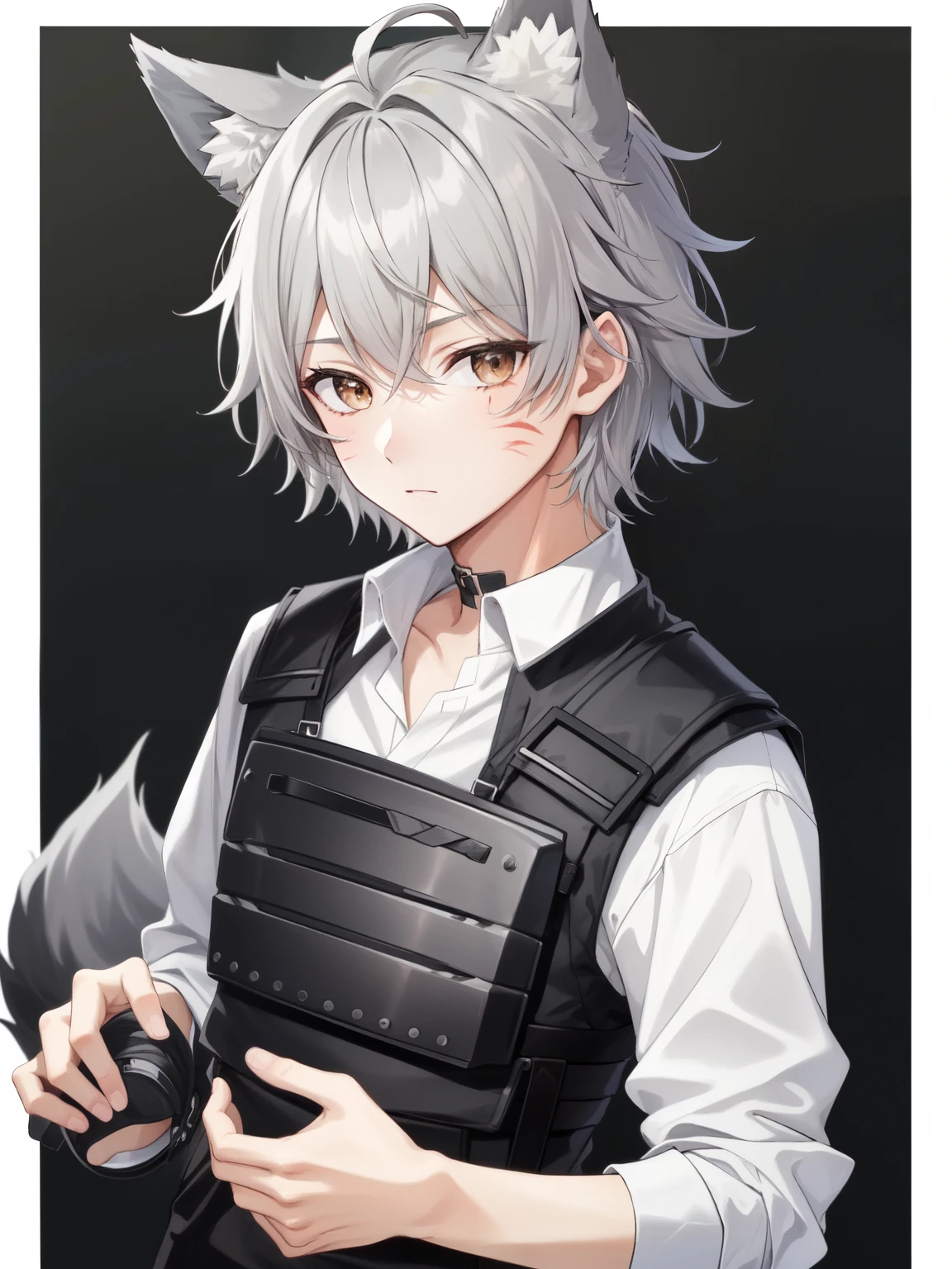 1boy, solo, grey hair, brown eyes, messy hair, medium hair, wolf ears, white shirt, black shirt, long sleeves, black pants, casual clothes, armored vest, wrist guard, distinguish marks, transparent background