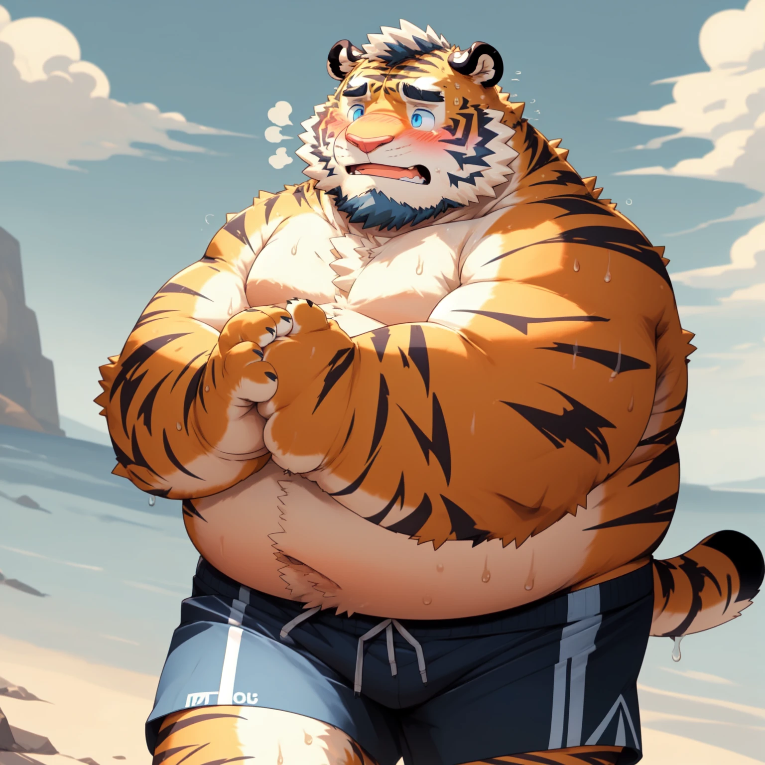 New Jersey 5 Furry,Tiger,Solitary,Chubby,Fat,Thick arms,Rugged muscles,shorts,orange Plush fur,Chubby Face,Black eyebrows,Sky blue eyes,Beard,(topless,shorts),(Fold both hands),(blush),(Sweating)