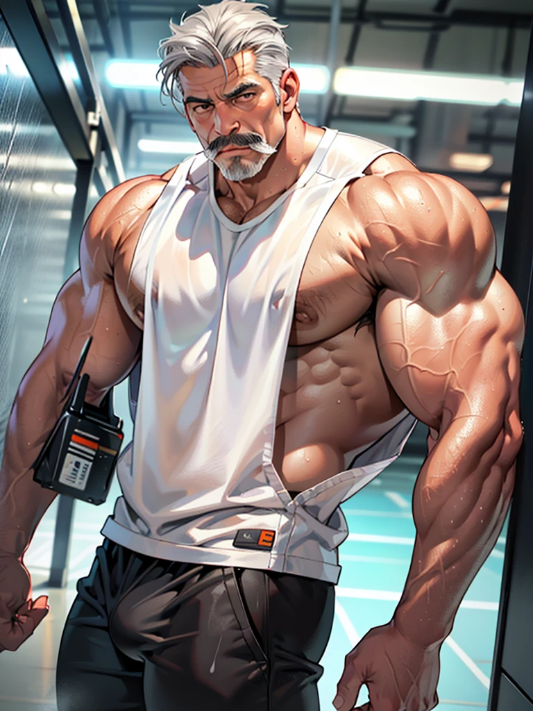 Middle-aged man, detailed face, gray hair, seductive look, mustache, masculine face, muscular body, prominent veins. He is wearing very tight sports pants showing his muscles, a big bulge, a wet white tank top.