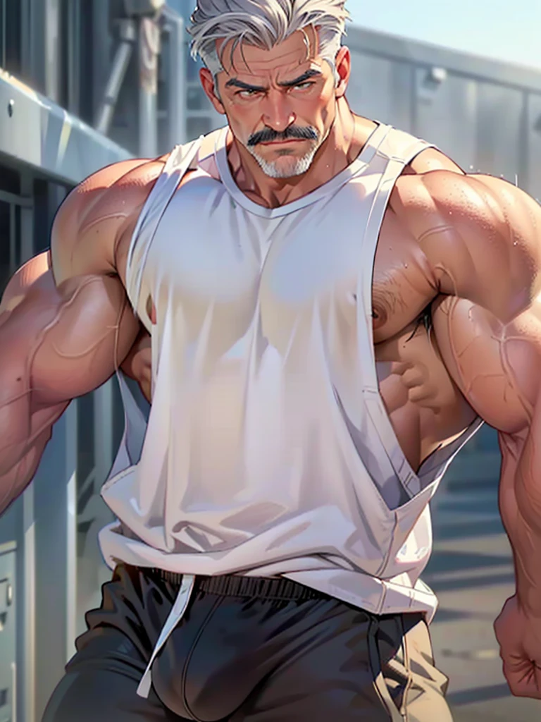 Middle-aged man, detailed face, gray hair, seductive look, mustache, masculine face, muscular body, prominent veins. He is wearing very tight sports pants showing his muscles, a big bulge, a wet white tank top.