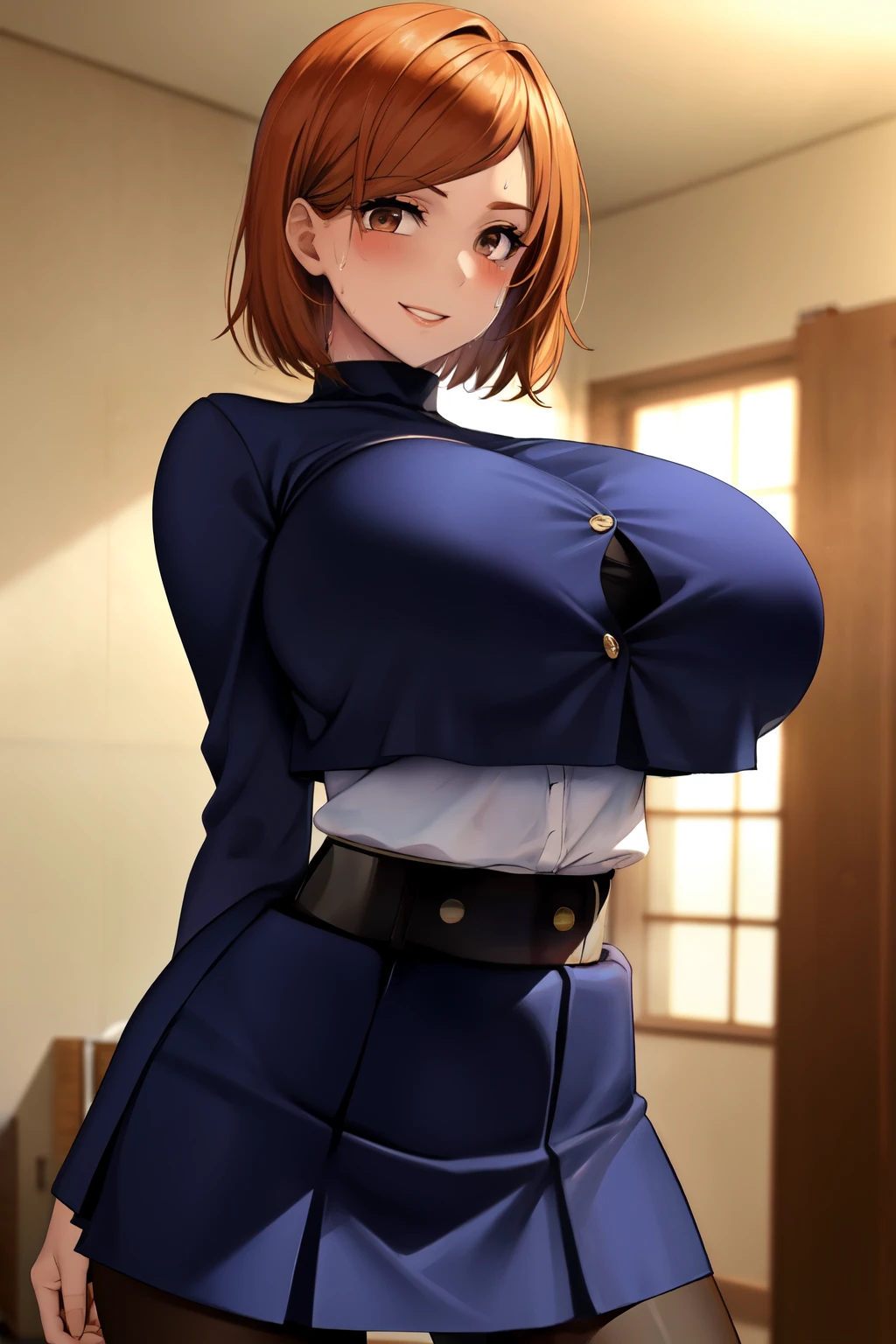 NobaraSU1,One girl, alone, short hair, Orange Hair, , Brown eyes, View Viewer, bangs, Cowboy Shot, skirt, Long sleeve, high-waist skirt, smile, big chest, chest, pantyhose, black pantyhose, Hourglass Shape, blue skirt, turtleneck, Sweat drops, Hair behind the ear, Blue jacket, Blue clothes, belt,Shiny Hair, button, Crop top overhang, Hourglass Shape,indoor,(thin_Waist:1.6),(narrow_Waist:1.4), Breaking the masterpiece, highest quality, Highly detailed background, perfect lightinghighest quality, ((Shiny skin, Shiny skin, Detailed skin)),(beautiful huge breast),(shirt lift),show off bra,clothed bra,full bust,toned stomach,cleavage