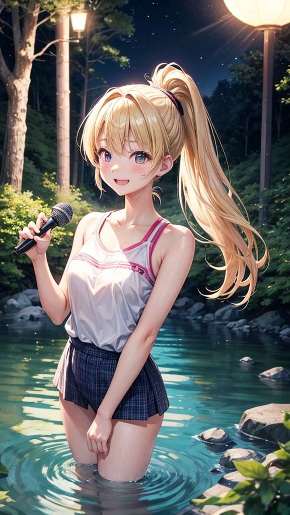 A 16 year old Japanese girl, blonde ponytail ,, singing but not having any microphone, looks funny, at a river in a forest in night, spreading her left arms forward, a bit windy scene, smiling calmly, under the moonlight, looking forward、、
Completely naked in the park during the day、Outdoor Exposure