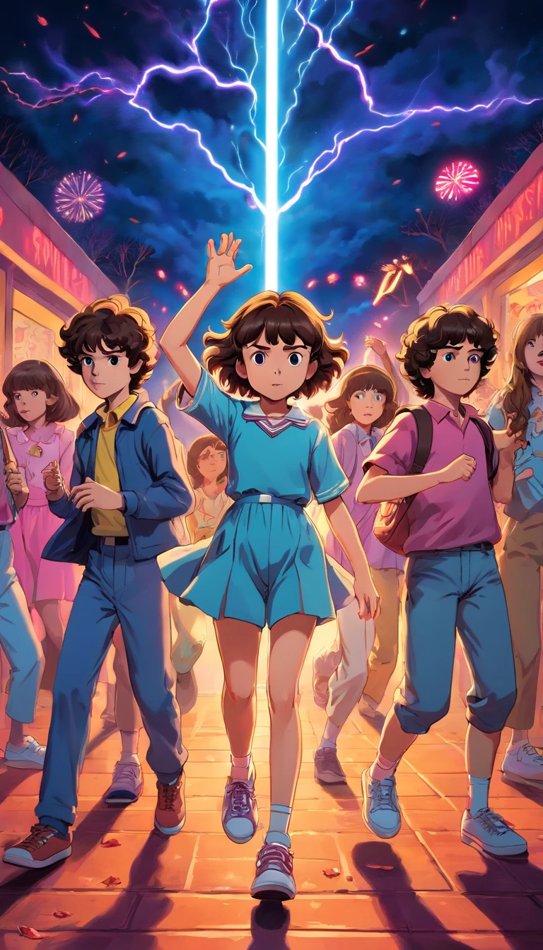 Based on the netflix series Stranger Things, A vibrant and crowded Halloween party at Hawkins Middle School, with kids dressed in 80s costumes dancing to retro music, unaware of the supernatural threats lurking just beyond the school walls.