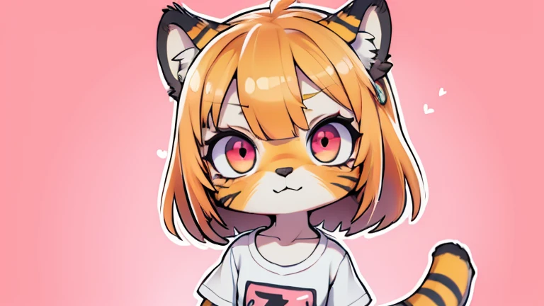 (obra maestra, Alta calidad, mejor calidad, 8K, high resolution), ((estilo chibii, Chibi lindo)), (solo, 1 girl), {Tiger Girl, cara de tigre, 2 colmillos, long eyelashes, delineador de ojos} {bigotes de tigre}, (((Piel de tigre por todo el cuerpo., Rayas de tigre en el cuerpo.))), (pelo naranja), cabello corto, Pinza para el cabello, [[Pinza para el cabello white flower on hair]], ((Muy feliz)), ((boca abierta)), ojos naranjas, [pupilas negras], ((buscando)), (very small breasts), brazos delgados, (un brazo arriba, un brazo hacia abajo), axilas, ((mini camiseta rosa, camiseta rosa completa)), {shorts blancos}, {{{mini cola de tigre, Cola en la espalda}}}, (cuerpo completo), (((de pie, jump angle))), dynamic pose, Fondo blanco, fondo sencillo, ((((Estilo Tora-chan no Hanayome)))), (old anime style 40s), estilo animado, anime color.